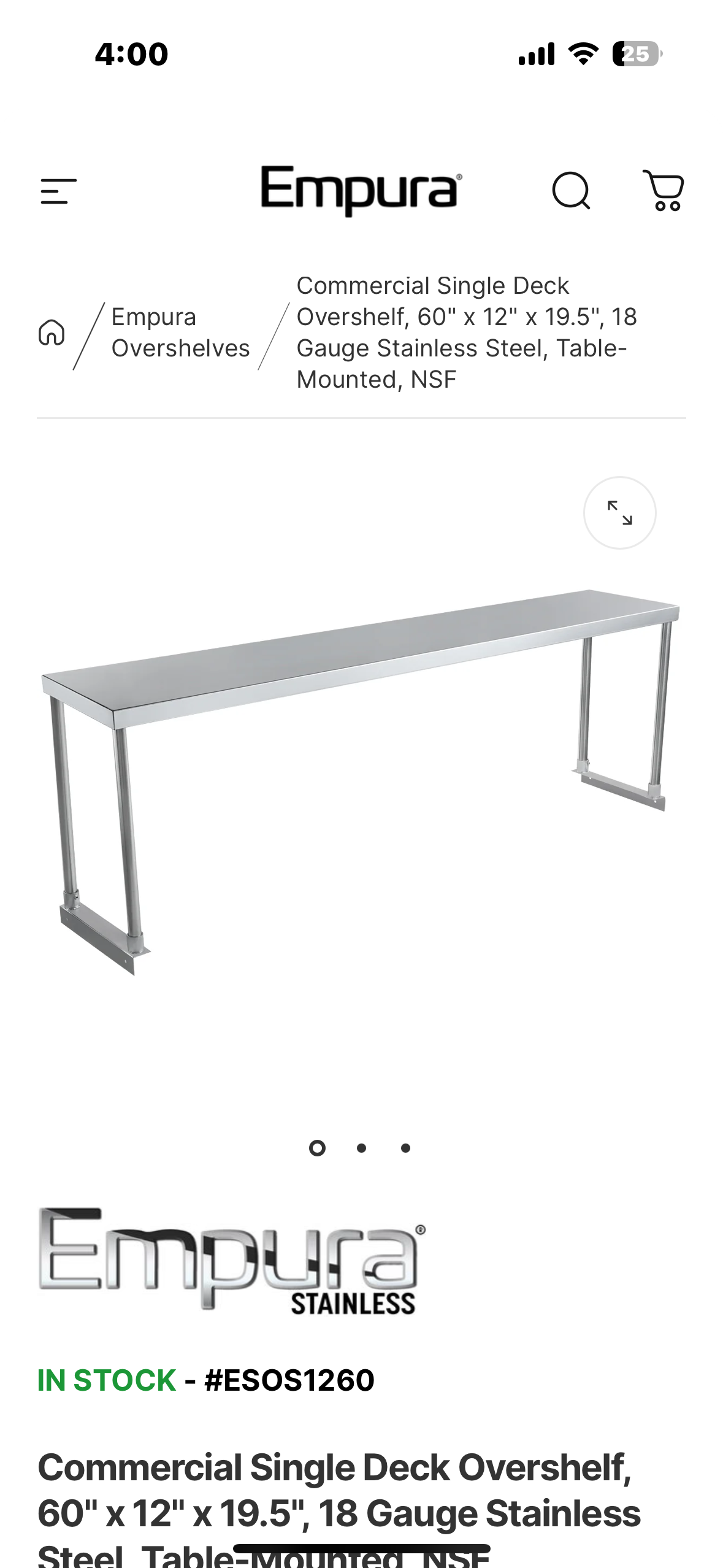 New - Empura Stainless ESOS1260 Overshelf Table-mounted 60"W X 12"D X 19.5"H (R553)