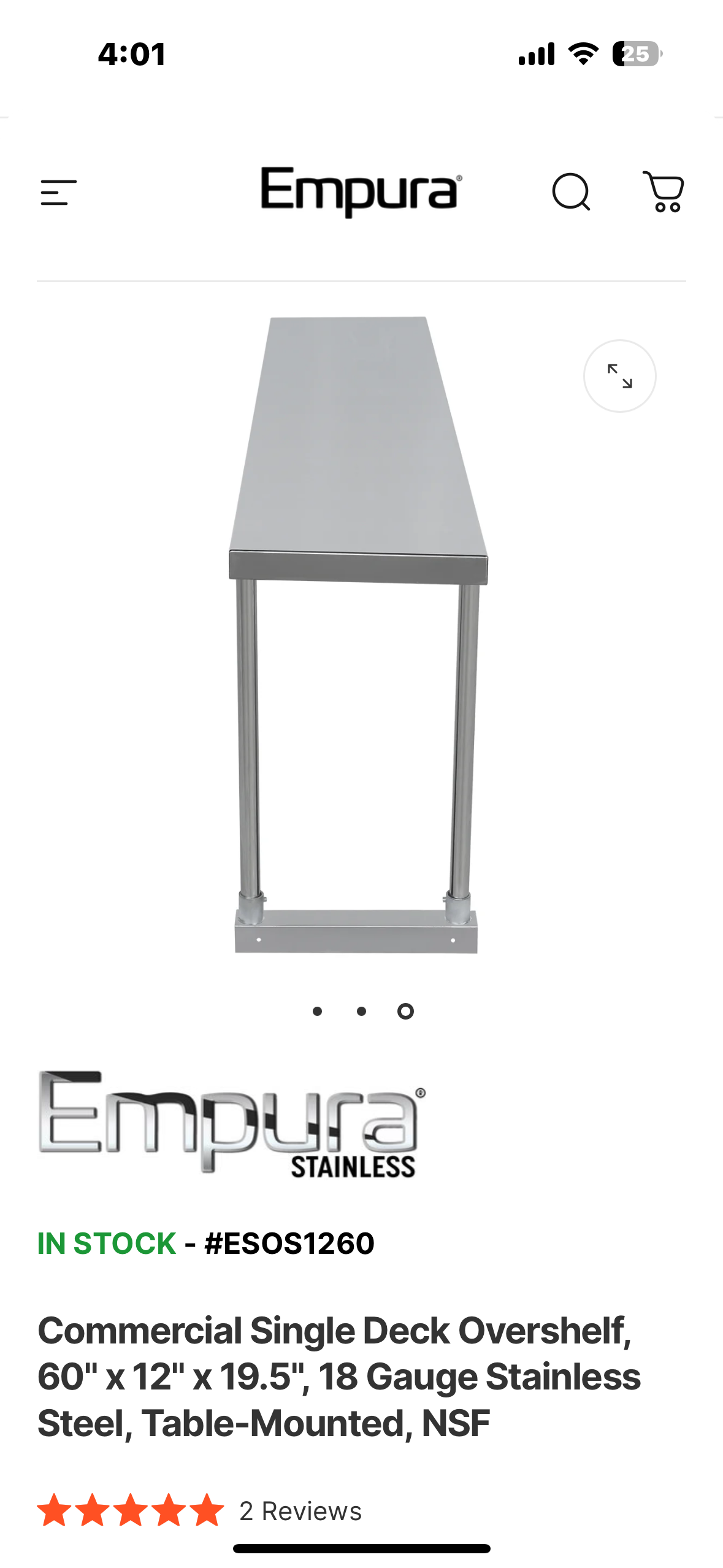 New - Empura Stainless ESOS1260 Overshelf Table-mounted 60"W X 12"D X 19.5"H (R553)