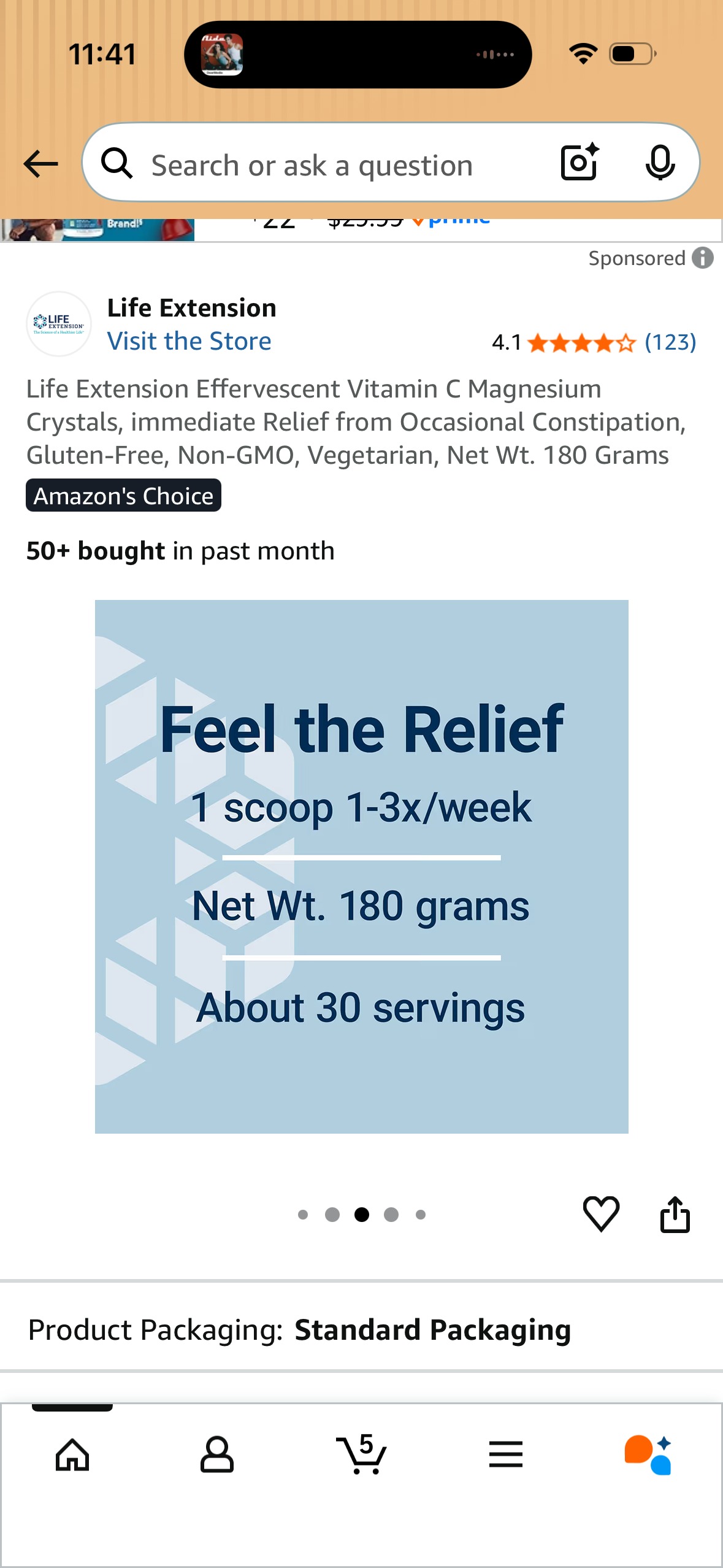 Life Extension Effervescent Vitamin C Magnesium Crystals, immediate Relief from Occasional Constipation, Gluten-Free, Non-GMO, Vegetarian, Net Wt. 180 Grams