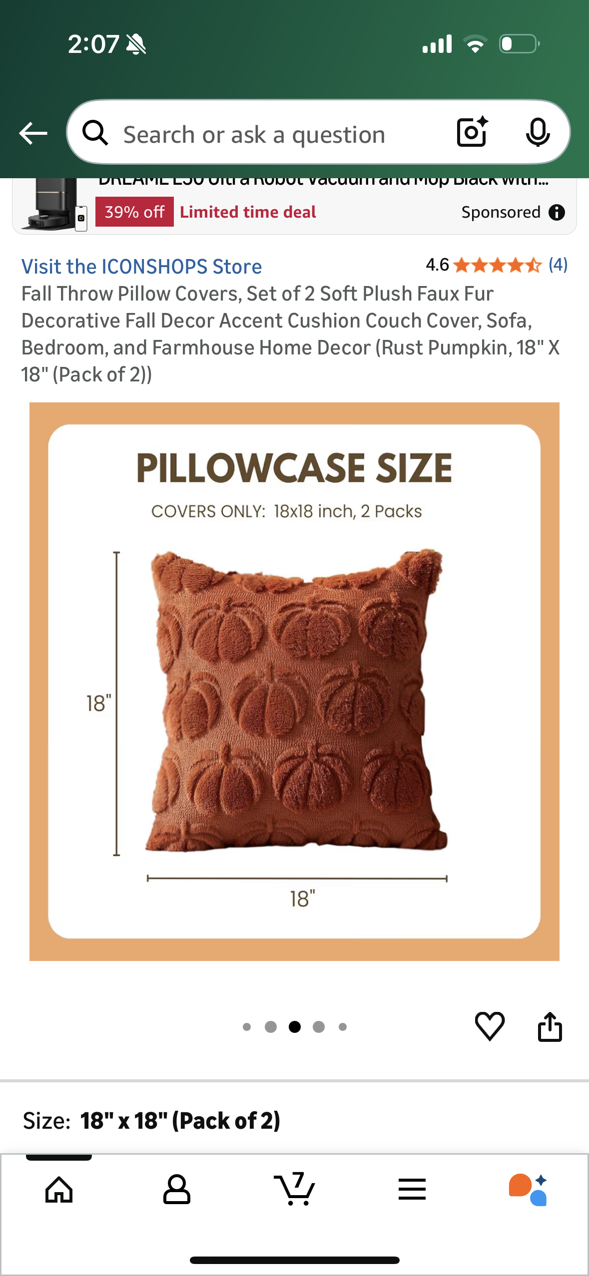 Fall Throw Pillow Covers, Set of 2 Soft Plush Faux Fur Decorative Fall Decor Accent Cushion Couch Cover, Sofa, Bedroom, and Farmhouse Home Decor (Rust Pumpkin, 18" X 18" (Pack of 2)