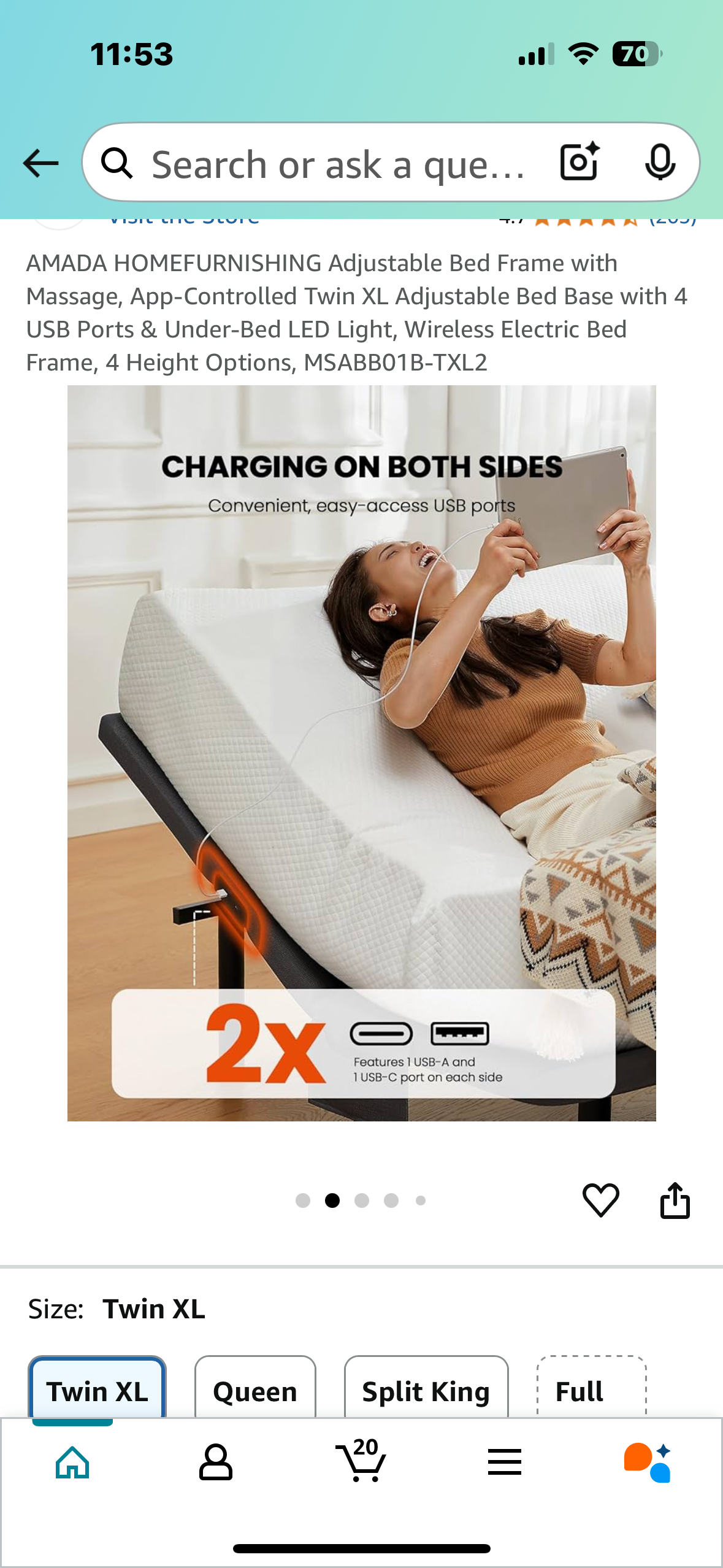 New - AMADA Adjustable Twin XL Bed Frame with Massage, 4 USB Ports & Under-Bed LED Light, MSABBO1B-TXL2 (B930)