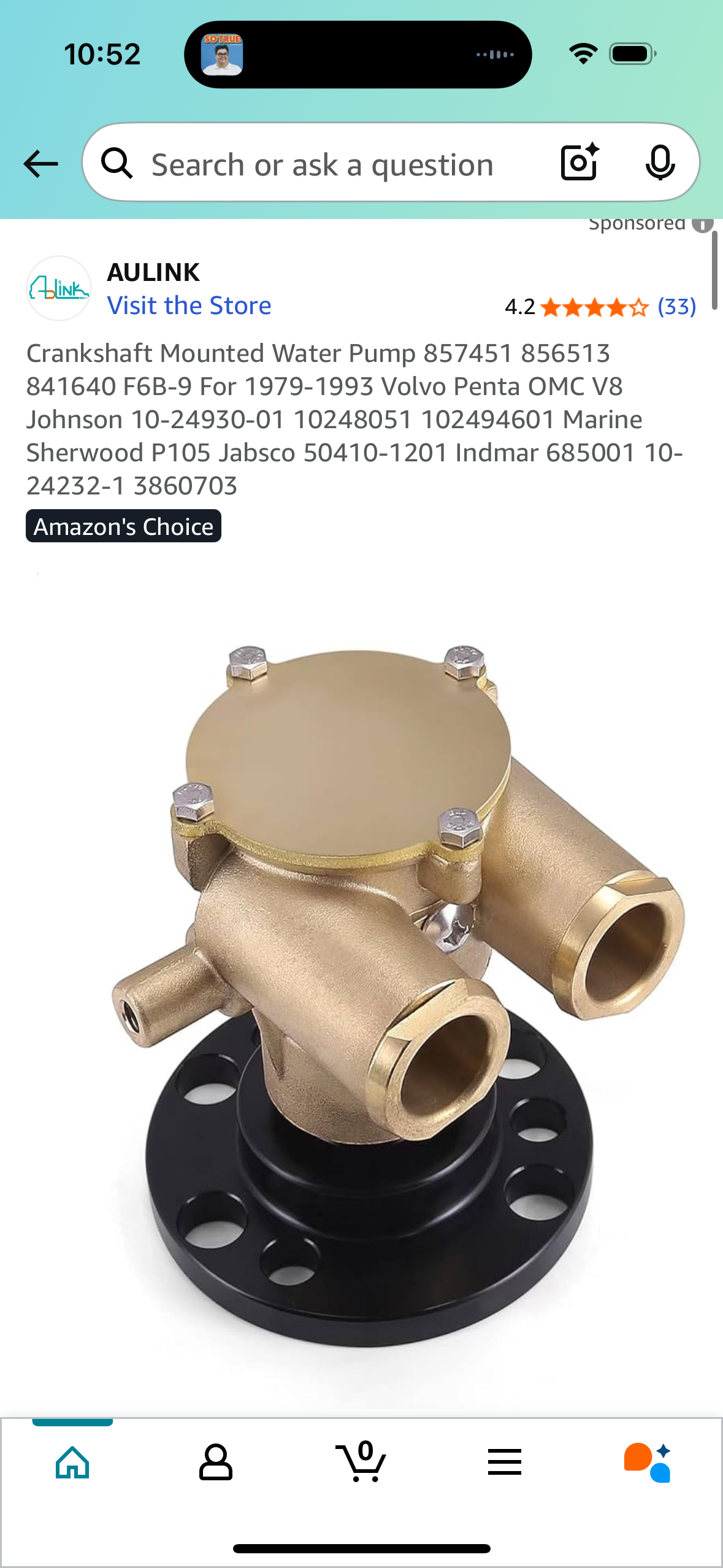 Crankshaft Mounted Water Pump 857451 856513 841640 F6B-9 For 1979-1993 Volvo Penta OMC V8 Johnson 10-24930-01 10248051 102494601 Marine Sherwood P105 Jabsco 50410-1201 Indmar 685001 10-24232-1 3860703