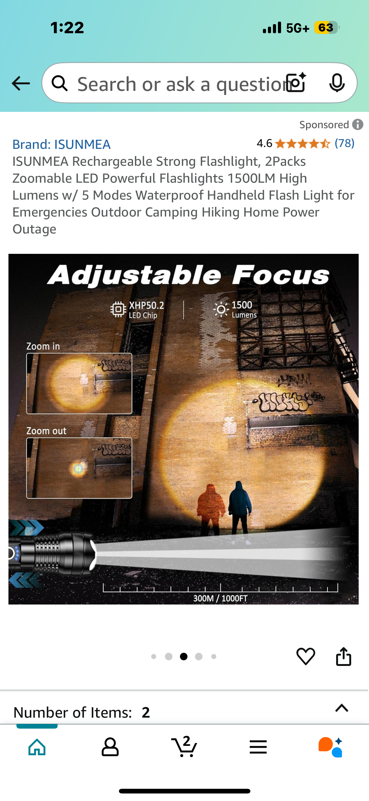 ISUNMEA Rechargeable Strong Flashlight, 2Packs Zoomable LED Powerful Flashlights 1500LM High Lumens w/ 5 Modes Waterproof Handheld Flash Light for Emergencies Outdoor Camping Hiking Home Power Outage