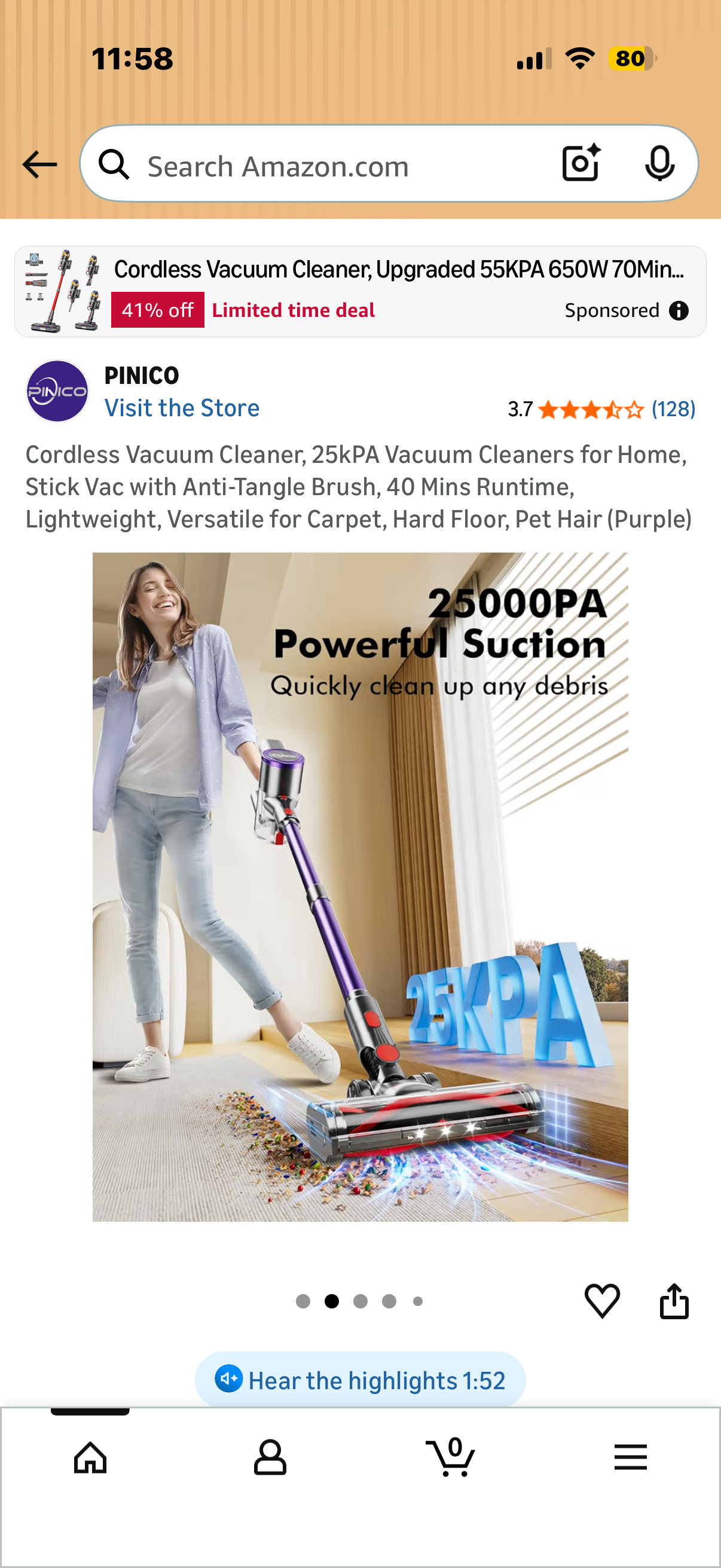 Cordless Vacuum Cleaner, 25kPA Vacuum Cleaners for Home, Stick Vac with Anti-Tangle Brush, 40 Mins Runtime, Lightweight, Versatile for Carpet, Hard Floor, Pet Hair (Purple