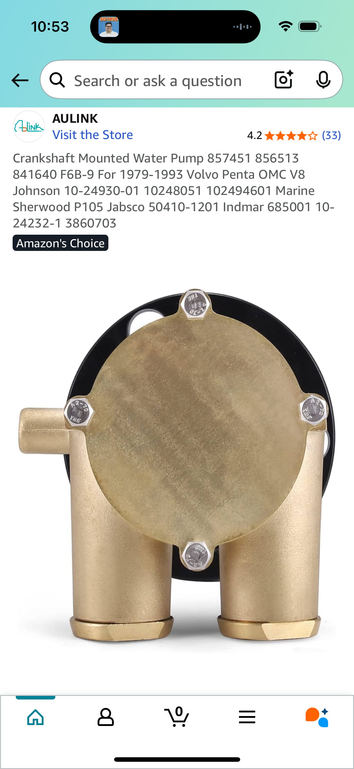 Crankshaft Mounted Water Pump 857451 856513 841640 F6B-9 For 1979-1993 Volvo Penta OMC V8 Johnson 10-24930-01 10248051 102494601 Marine Sherwood P105 Jabsco 50410-1201 Indmar 685001 10-24232-1 3860703