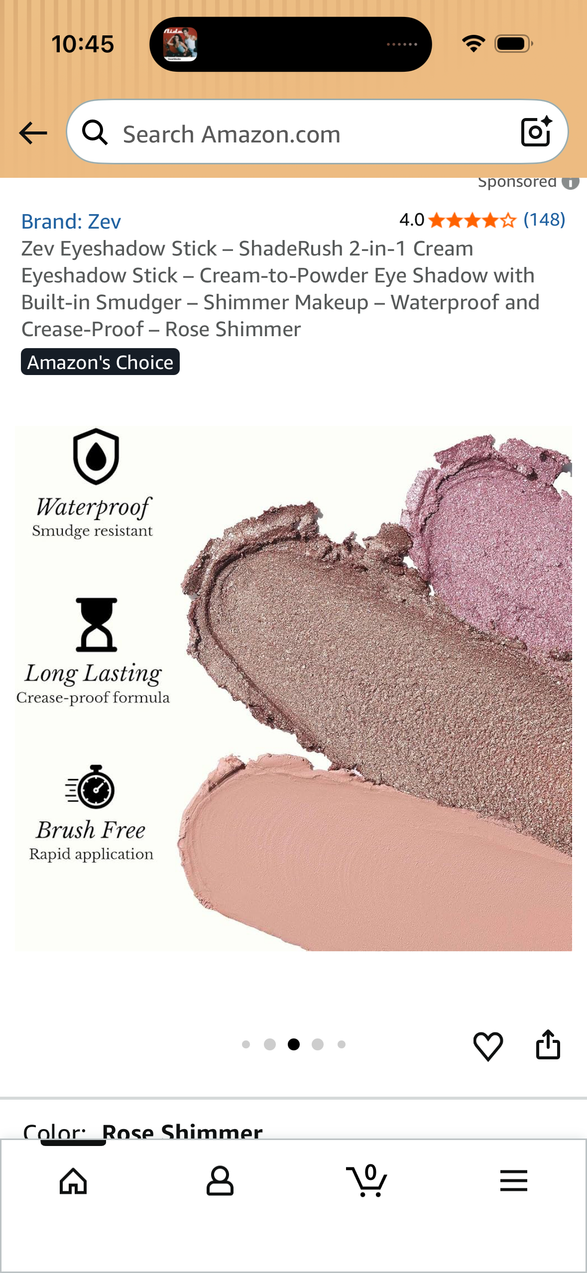 Zev Eyeshadow Stick – ShadeRush 2-in-1 Cream Eyeshadow Stick – Cream-to-Powder Eye Shadow with Built-in Smudger – Shimmer Makeup – Waterproof and Crease-Proof – Rose Shimmer