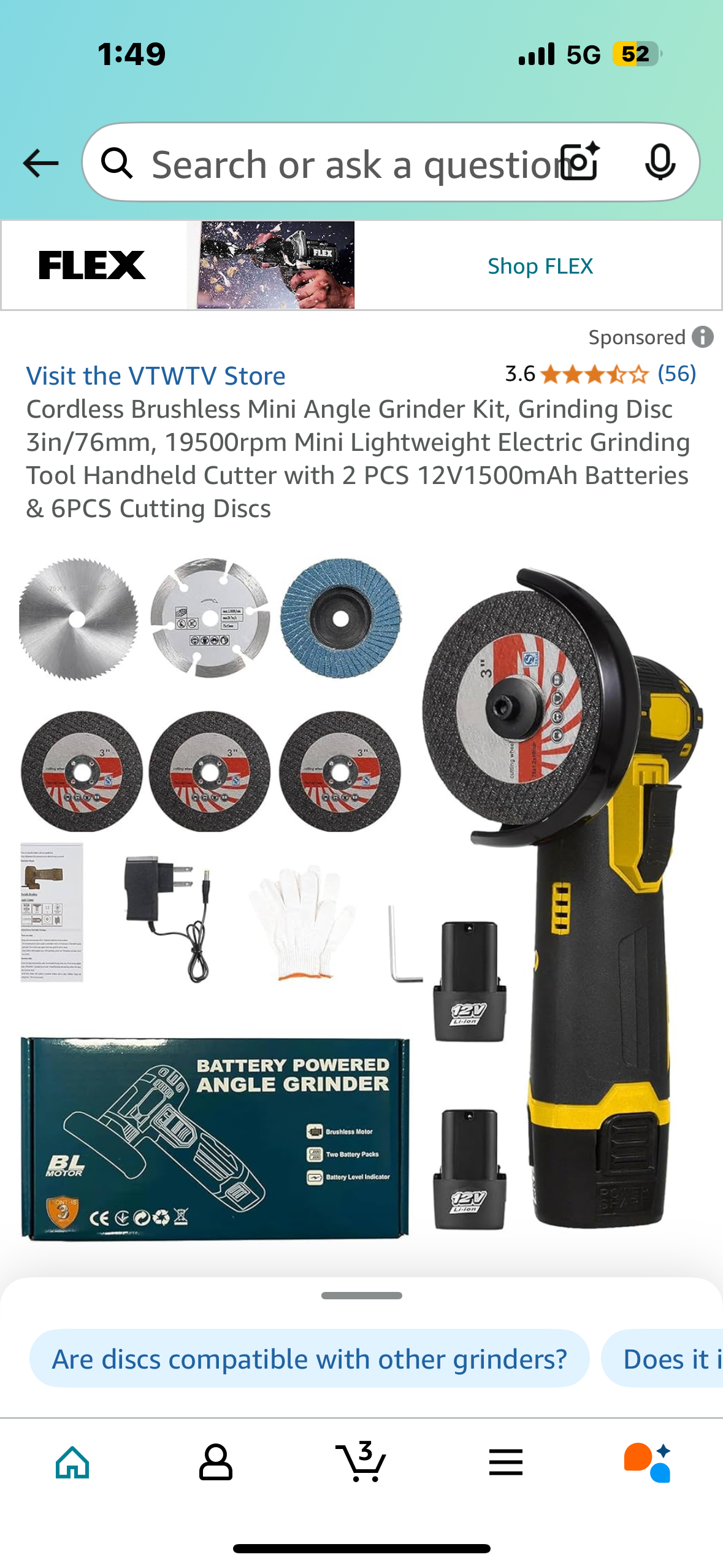 Cordless Brushless Mini Angle Grinder Kit, Grinding Disc 3in/76mm, 19500rpm Mini Lightweight Electric Grinding Tool Handheld Cutter with 2 PCS 12V1500mAh Batteries & 6PCS Cutting Discs