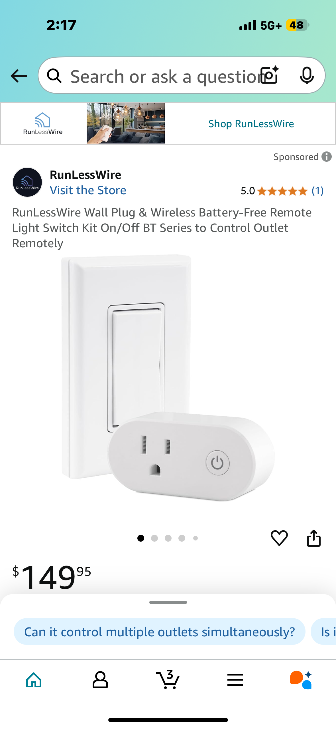 RunLessWire Wall Plug & Wireless Battery-Free Remote Light Switch Kit On/Off BT Series to Control Outlet Remotely