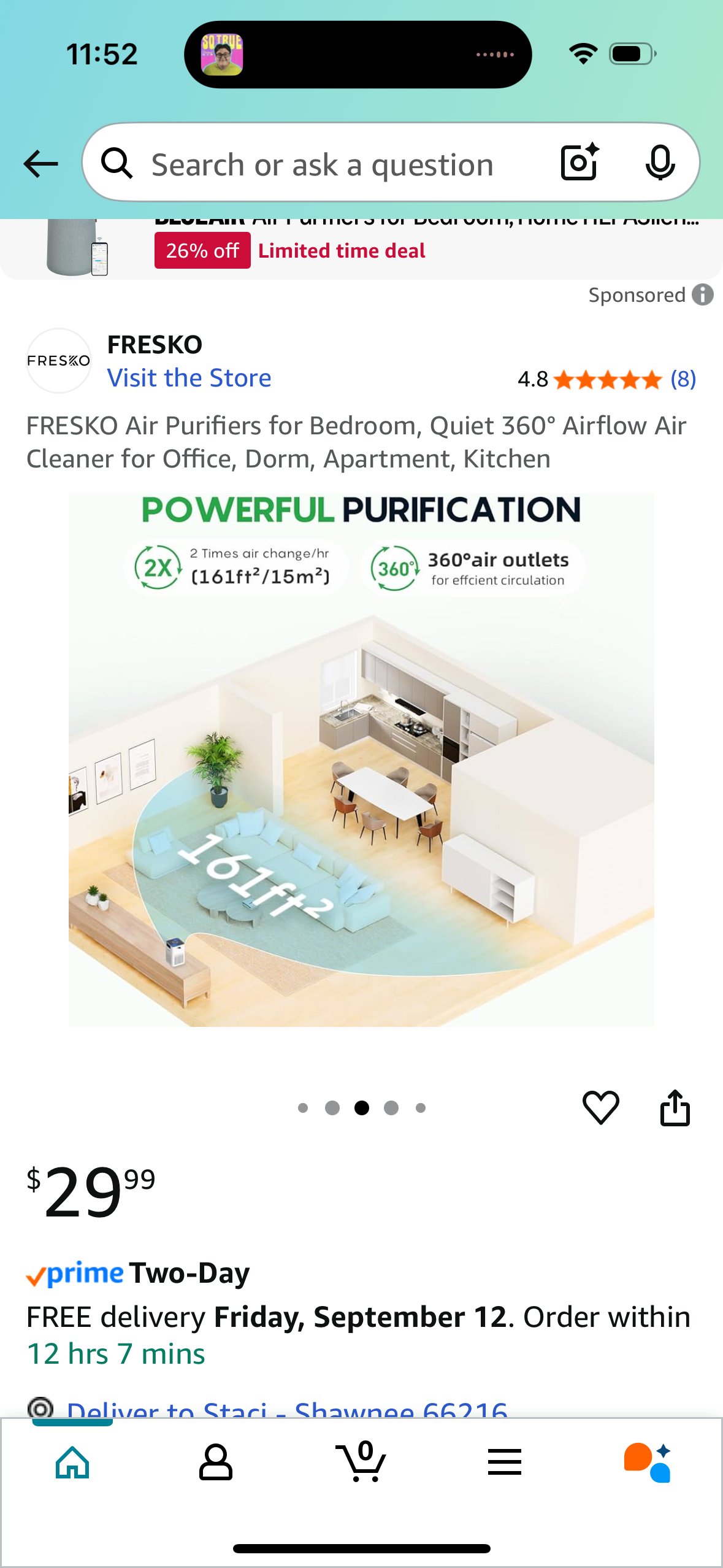 FRESKO Air Purifiers for Bedroom, Quiet 360° Airflow Air Cleaner for Office, Dorm, Apartment, Kitchen