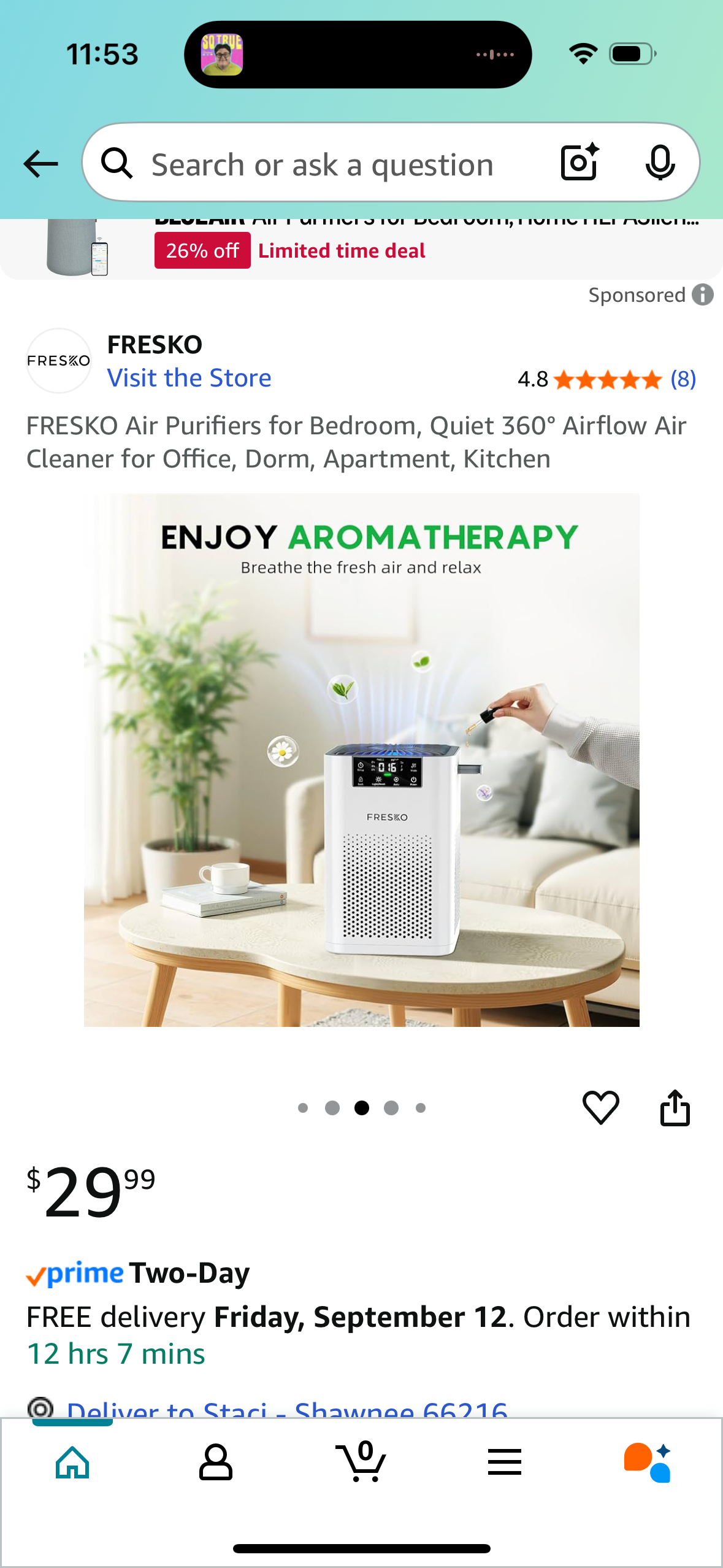 FRESKO Air Purifiers for Bedroom, Quiet 360° Airflow Air Cleaner for Office, Dorm, Apartment, Kitchen