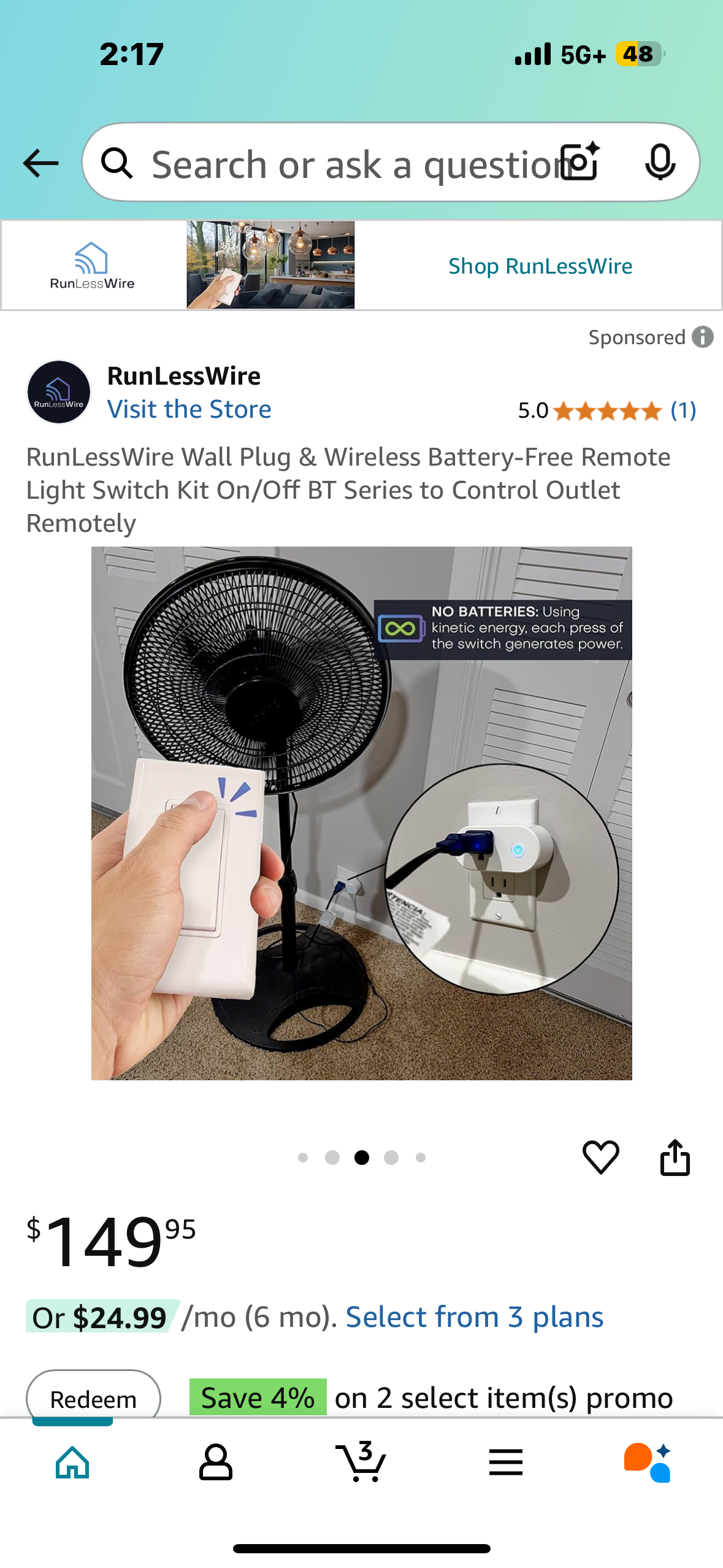 RunLessWire Wall Plug & Wireless Battery-Free Remote Light Switch Kit On/Off BT Series to Control Outlet Remotely