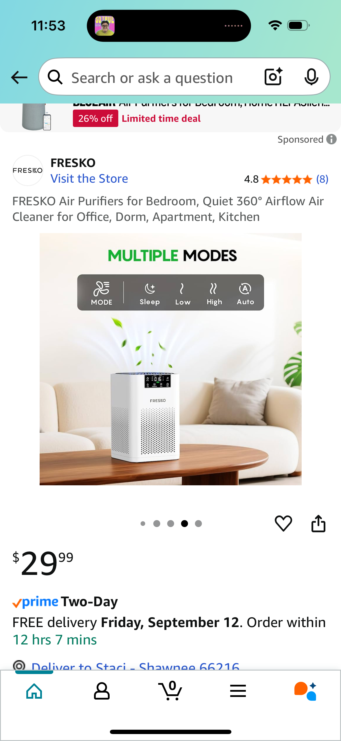 FRESKO Air Purifiers for Bedroom, Quiet 360° Airflow Air Cleaner for Office, Dorm, Apartment, Kitchen