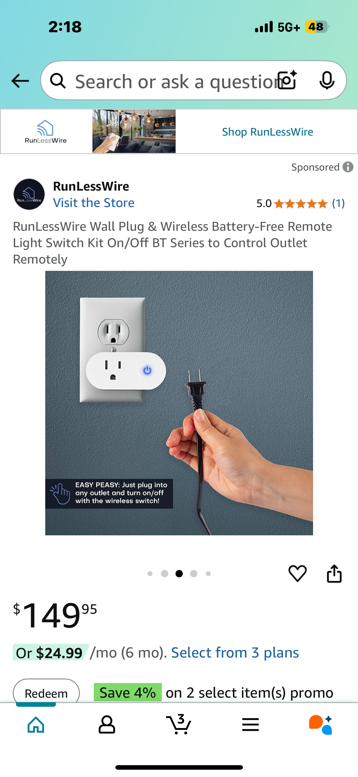 RunLessWire Wall Plug & Wireless Battery-Free Remote Light Switch Kit On/Off BT Series to Control Outlet Remotely