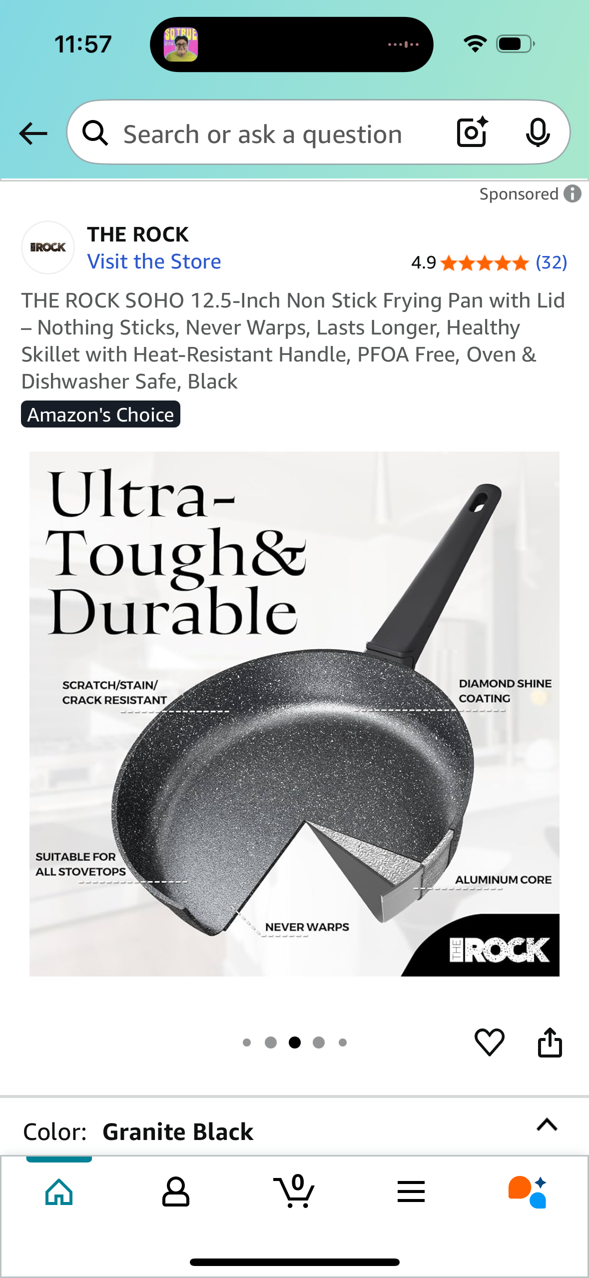 THE ROCK SOHO 12.5-Inch Non Stick Frying Pan with Lid – Nothing Sticks, Never Warps, Lasts Longer, Healthy Skillet with Heat-Resistant Handle, PFOA Free, Oven & Dishwasher Safe, Black