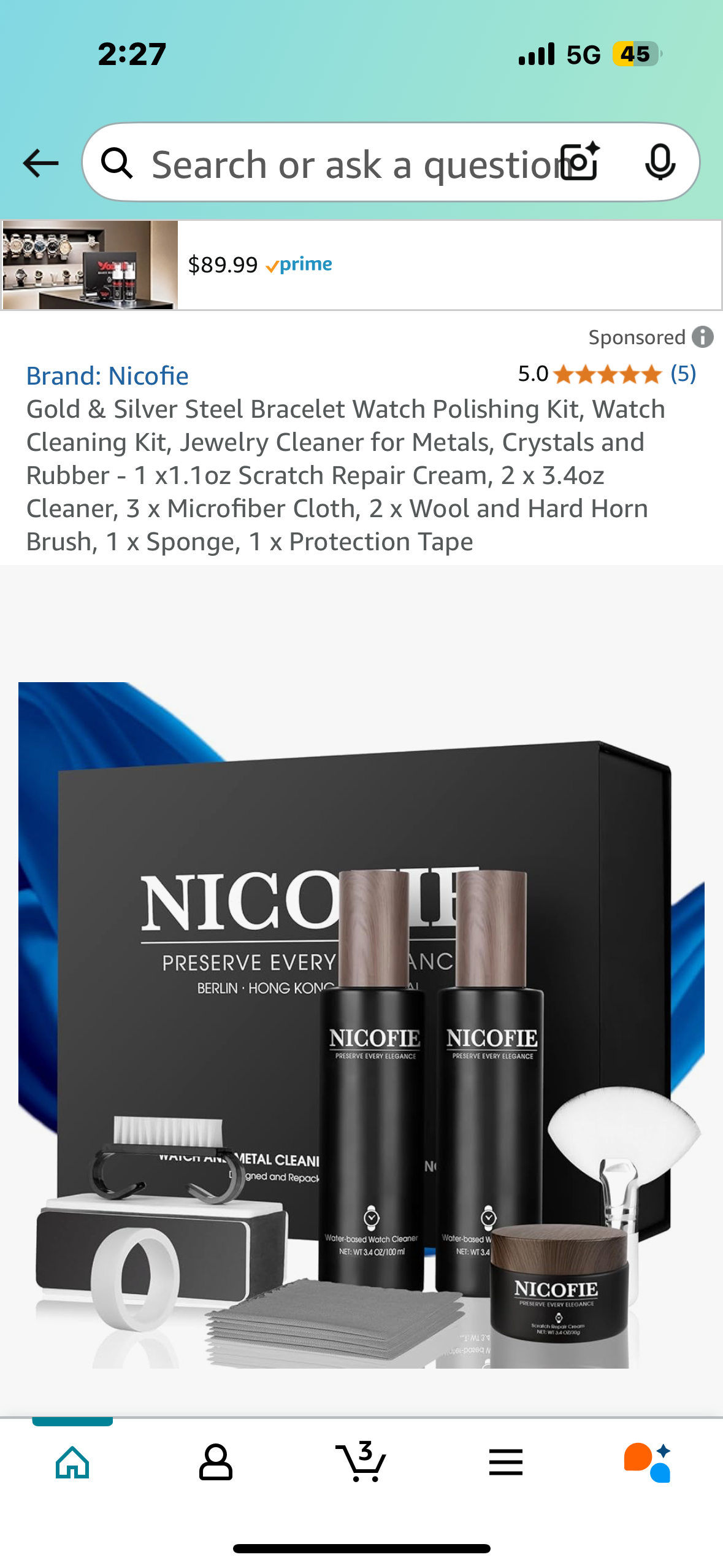 Gold & Silver Steel Bracelet Watch Polishing Kit, Watch Cleaning Kit, Jewelry Cleaner for Metals, Crystals and Rubber - 1 x1.1oz Scratch Repair Cream, 2 x 3.4oz Cleaner, 3 x Microfiber Cloth, 2 x Wool and Hard Horn Brush, 1 x Sponge, 1 x Protection Tape