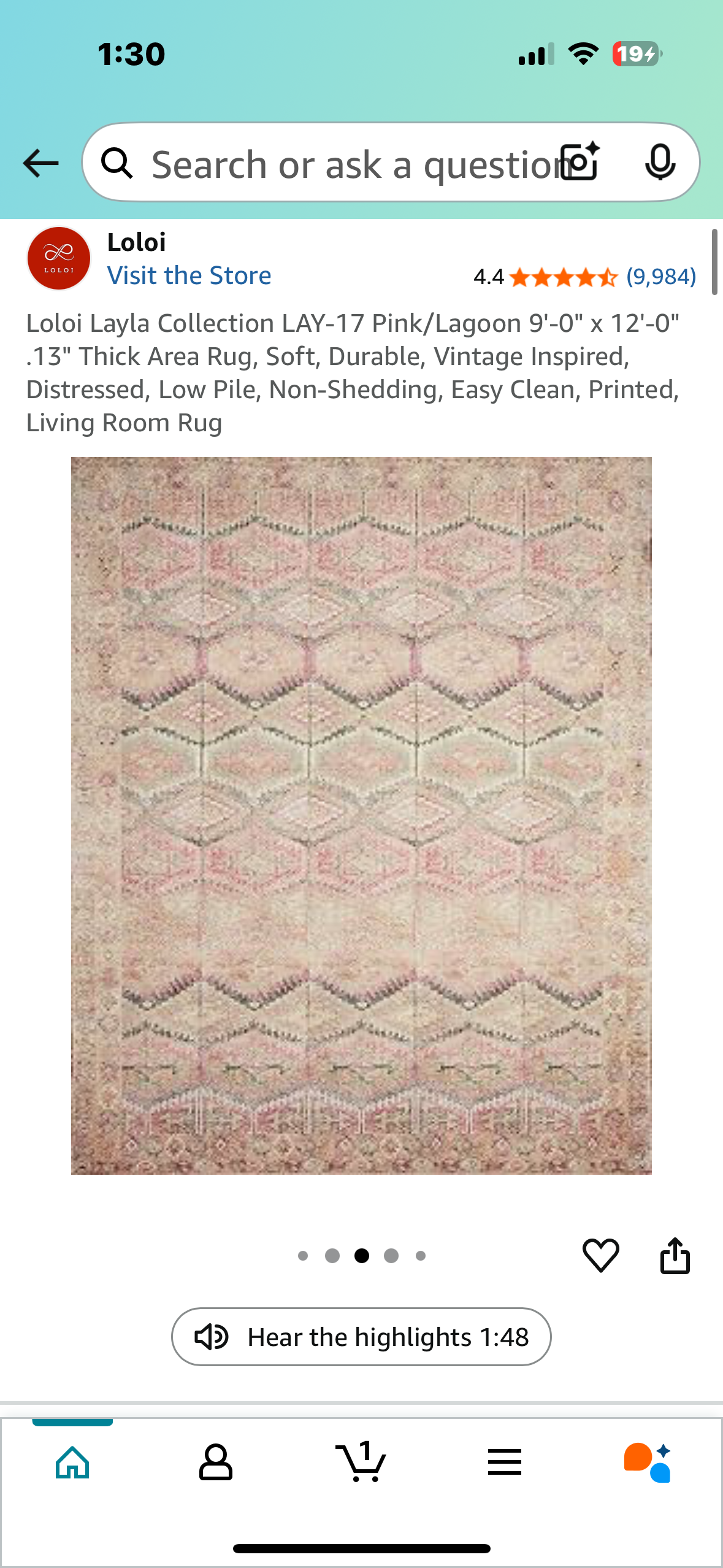 Loloi Layla Collection LAY-17 Pink/Lagoon 9'-0" x 12'-0" .13" Thick Area Rug, Soft, Durable, Vintage Inspired, Distressed, Low Pile, Non-Shedding, Easy Clean, Printed, Living Room Rug (L984)