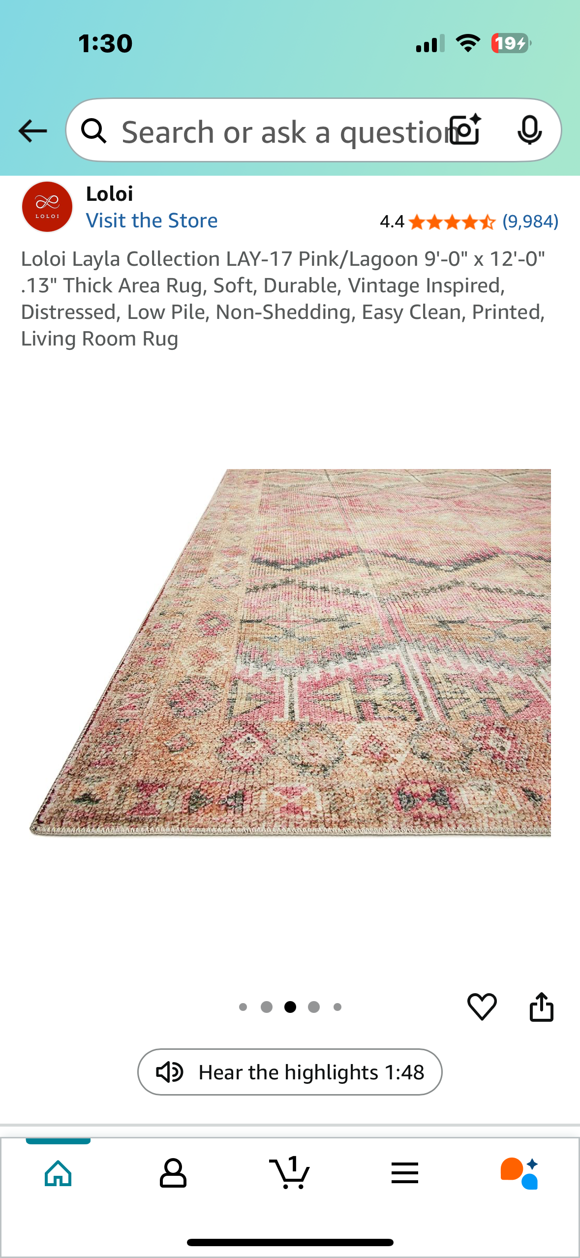 Loloi Layla Collection LAY-17 Pink/Lagoon 9'-0" x 12'-0" .13" Thick Area Rug, Soft, Durable, Vintage Inspired, Distressed, Low Pile, Non-Shedding, Easy Clean, Printed, Living Room Rug (L984)
