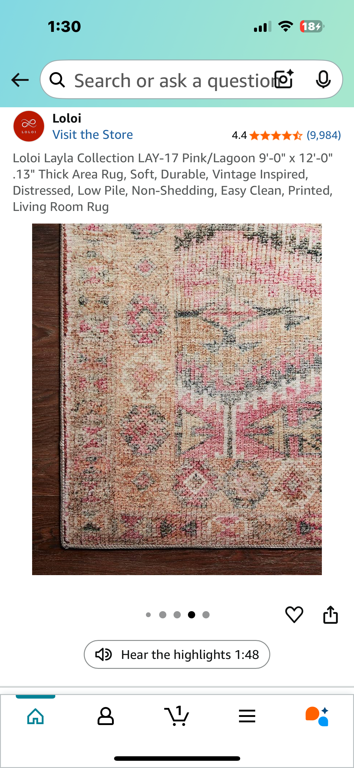 Loloi Layla Collection LAY-17 Pink/Lagoon 9'-0" x 12'-0" .13" Thick Area Rug, Soft, Durable, Vintage Inspired, Distressed, Low Pile, Non-Shedding, Easy Clean, Printed, Living Room Rug (L984)