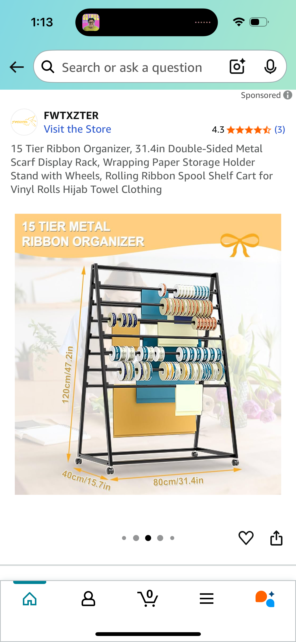 15 Tier Ribbon Organizer, 31.4in Double-Sided Metal Scarf Display Rack, Wrapping Paper Storage Holder Stand with Wheels, Rolling Ribbon Spool Shelf Cart for Vinyl Rolls Hijab Towel Clothing