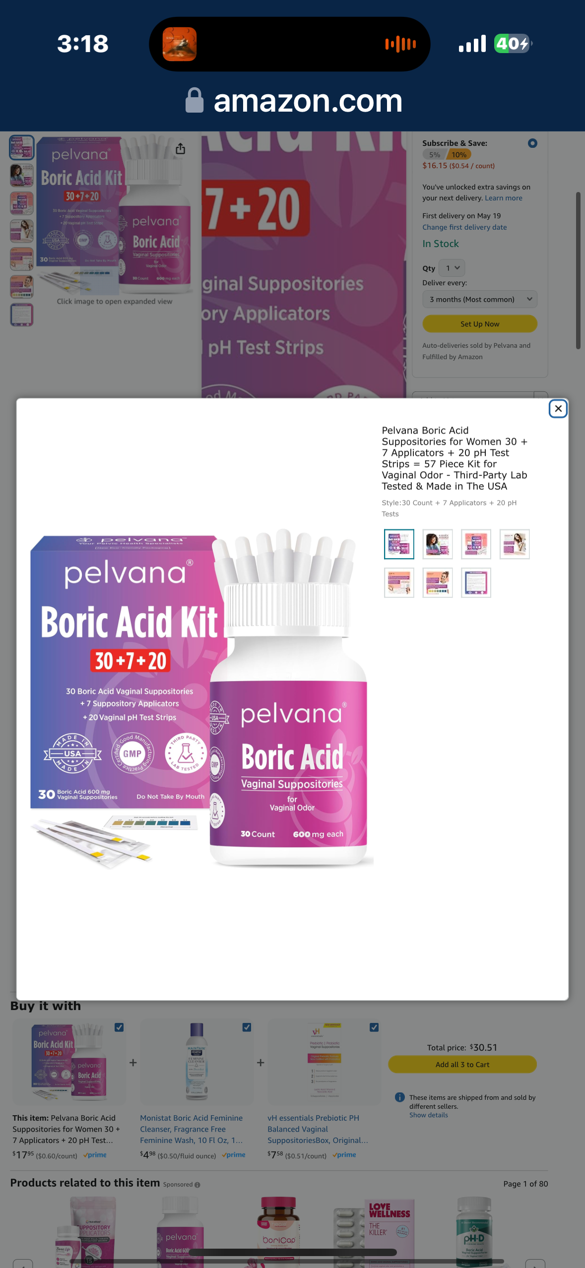 Pelvana Boric Acid Suppositories for Women 30 + 7 Applicators + 10 pH Test Strips = 47 Piece Kit for Vaginal Odor - Third-Party Lab Tested & Made in The USA
