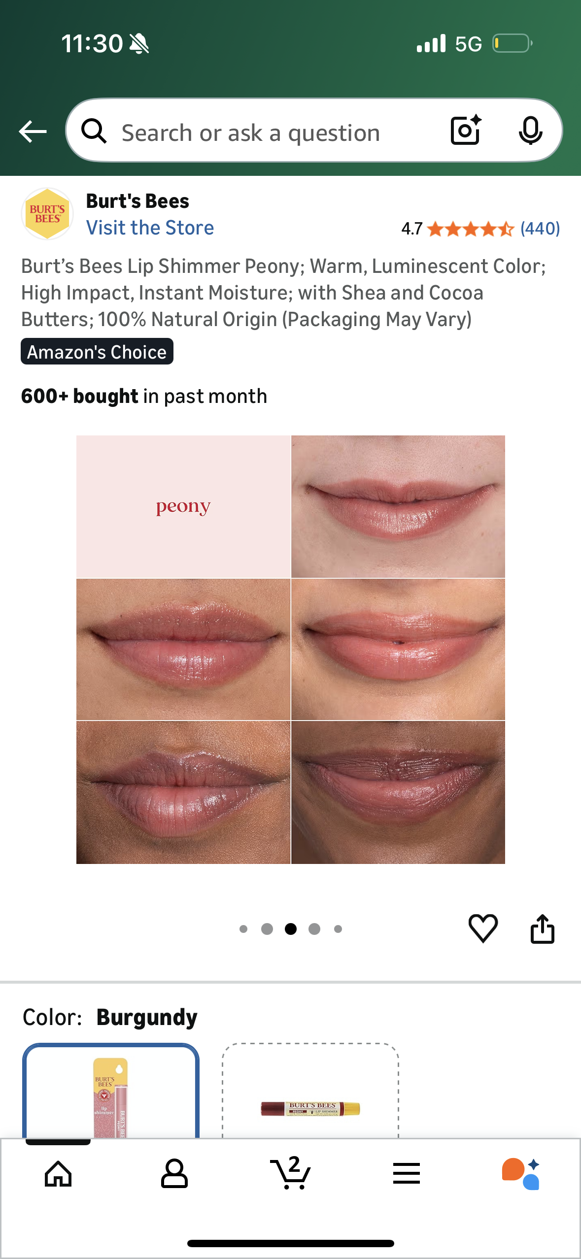 ‼️2 for $4‼️ Burt’s Bees Lip Shimmer Peony; Warm, Luminescent Color; High Impact, Instant Moisture; with Shea and Cocoa Butters; 100% Natural Origin