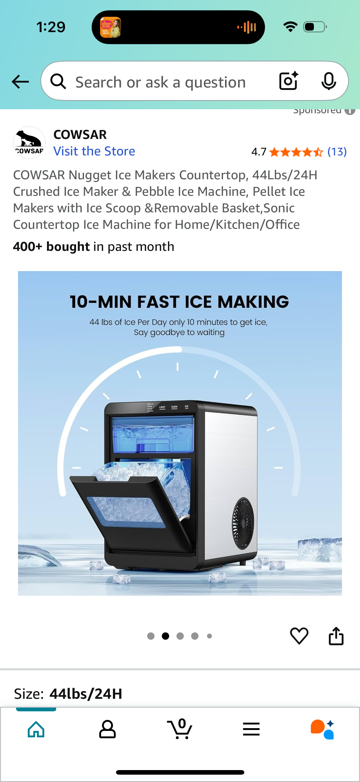 COWSAR Nugget Ice Makers Countertop, 44Lbs/24H Crushed Ice Maker & Pebble Ice Machine, Pellet Ice Makers with Ice Scoop &Removable Basket,Sonic Countertop Ice Machine for Home/Kitchen/Office