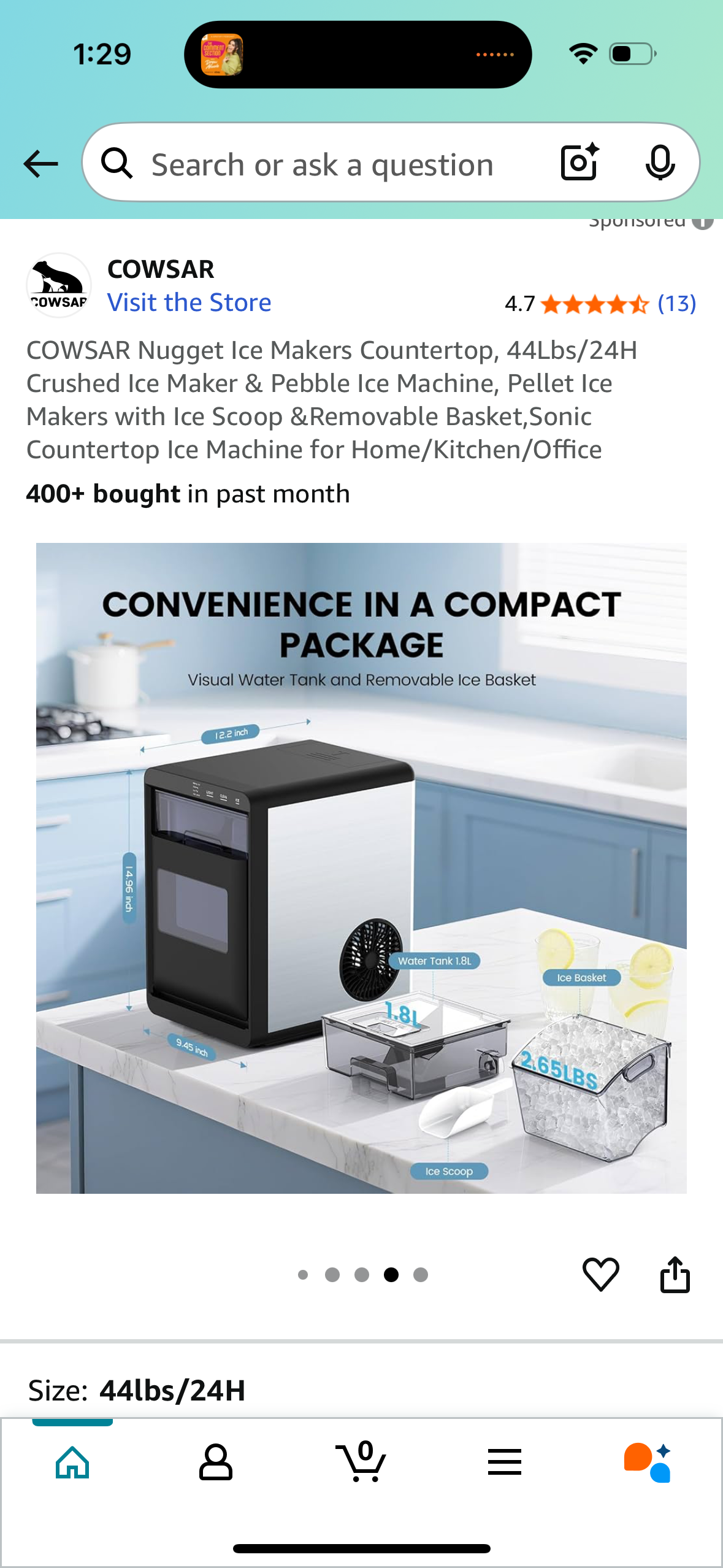 COWSAR Nugget Ice Makers Countertop, 44Lbs/24H Crushed Ice Maker & Pebble Ice Machine, Pellet Ice Makers with Ice Scoop &Removable Basket,Sonic Countertop Ice Machine for Home/Kitchen/Office