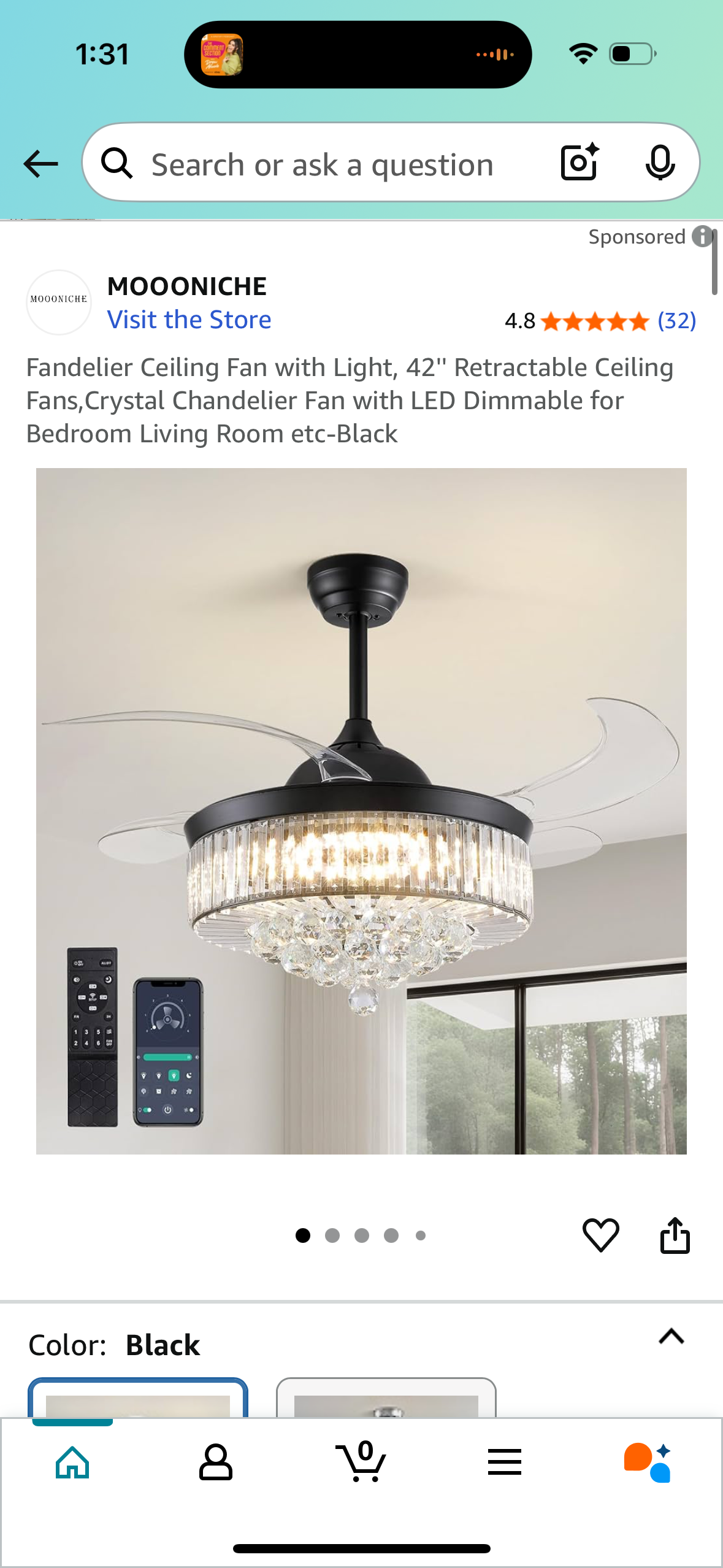 Fandelier Ceiling Fan with Light, 42'' Retractable Ceiling Fans,Crystal Chandelier Fan with LED Dimmable for Bedroom Living Room etc-Black