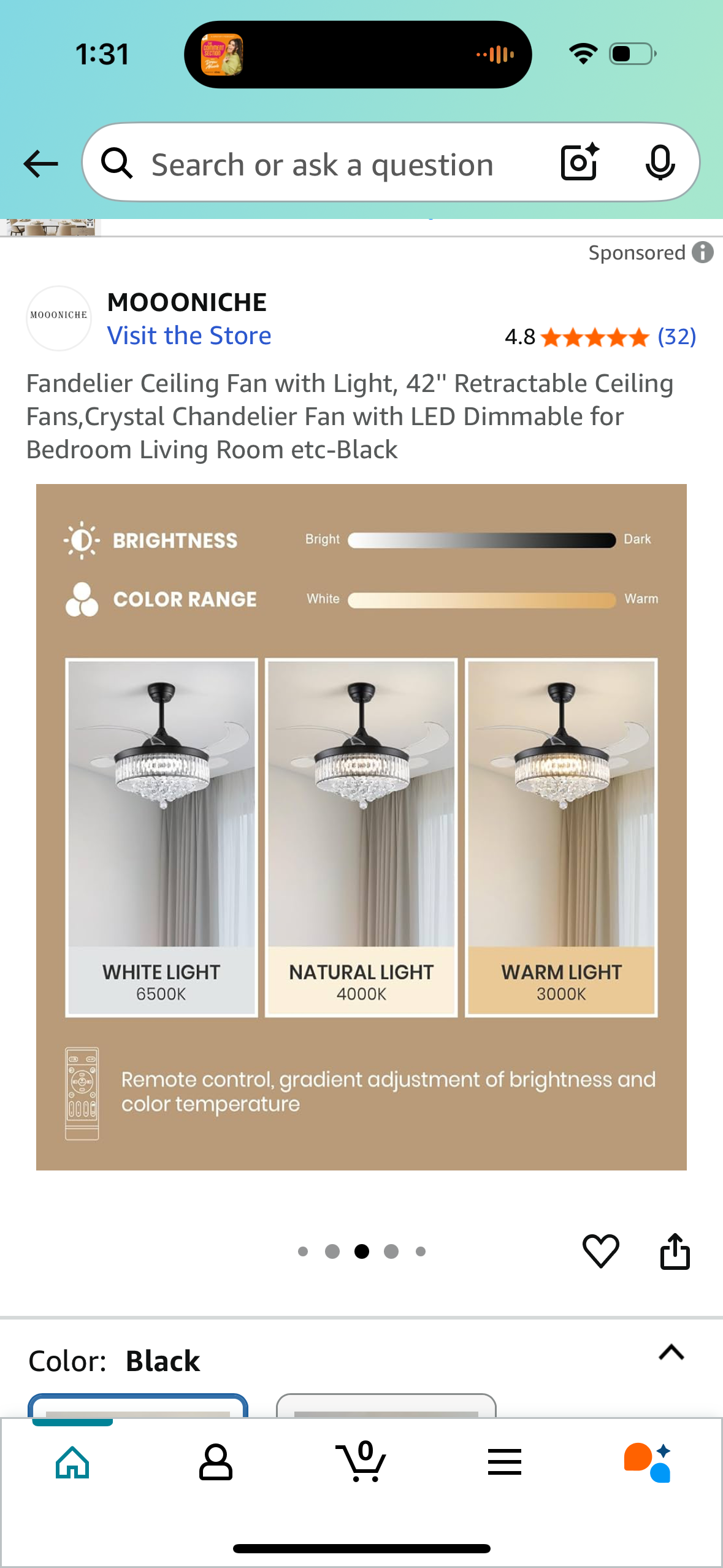 Fandelier Ceiling Fan with Light, 42'' Retractable Ceiling Fans,Crystal Chandelier Fan with LED Dimmable for Bedroom Living Room etc-Black