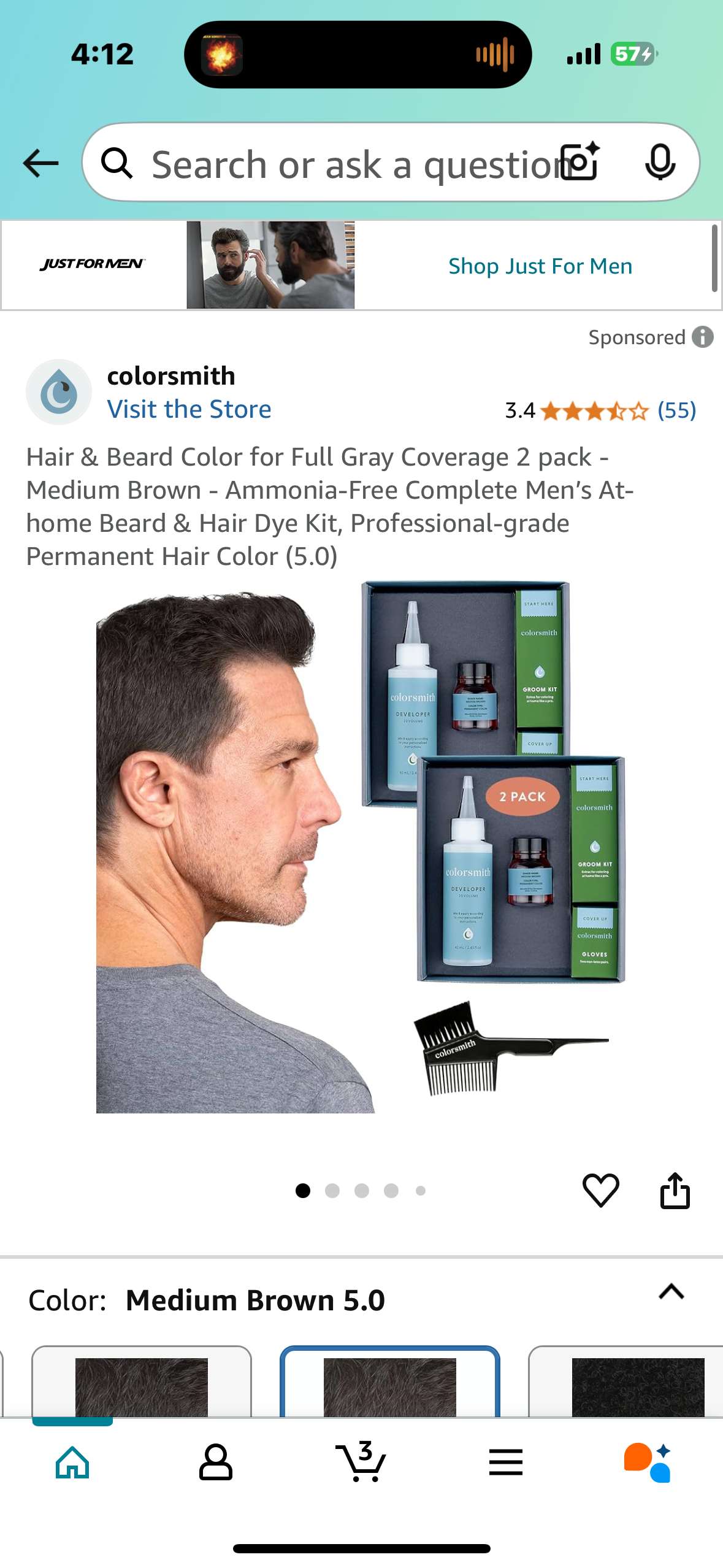 Hair & Beard Color for Full Gray Coverage 2 pack - Medium Brown - Ammonia-Free Complete Men’s At-home Beard & Hair Dye Kit, Professional-grade Permanent Hair Color (5.0 BB 03/25