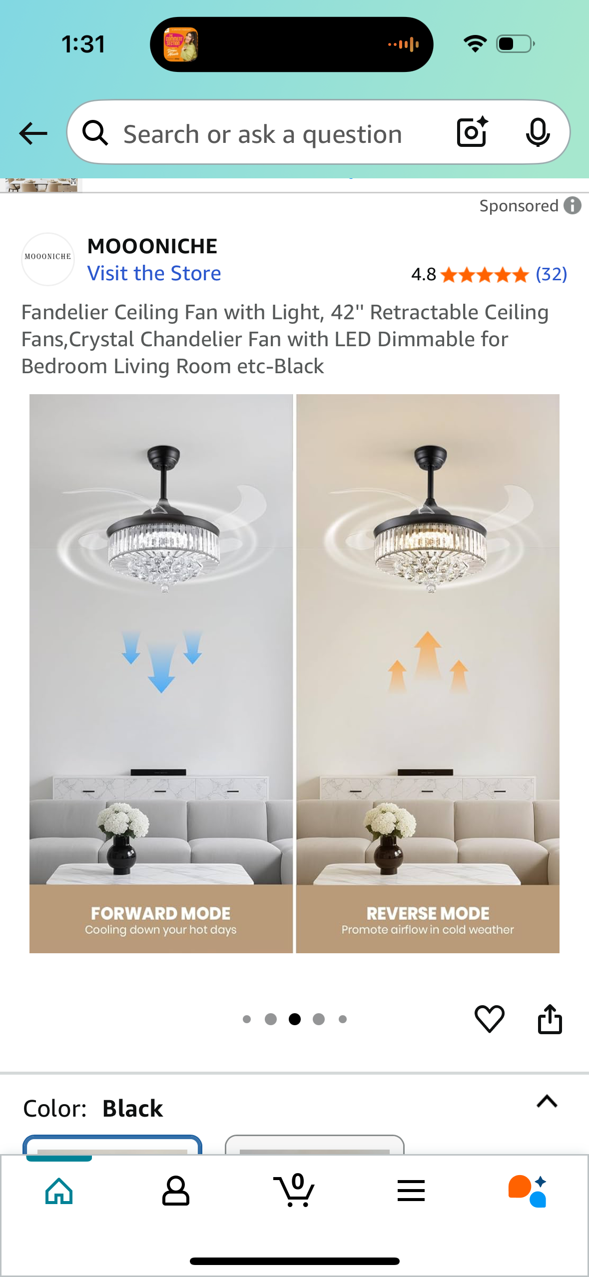 Fandelier Ceiling Fan with Light, 42'' Retractable Ceiling Fans,Crystal Chandelier Fan with LED Dimmable for Bedroom Living Room etc-Black
