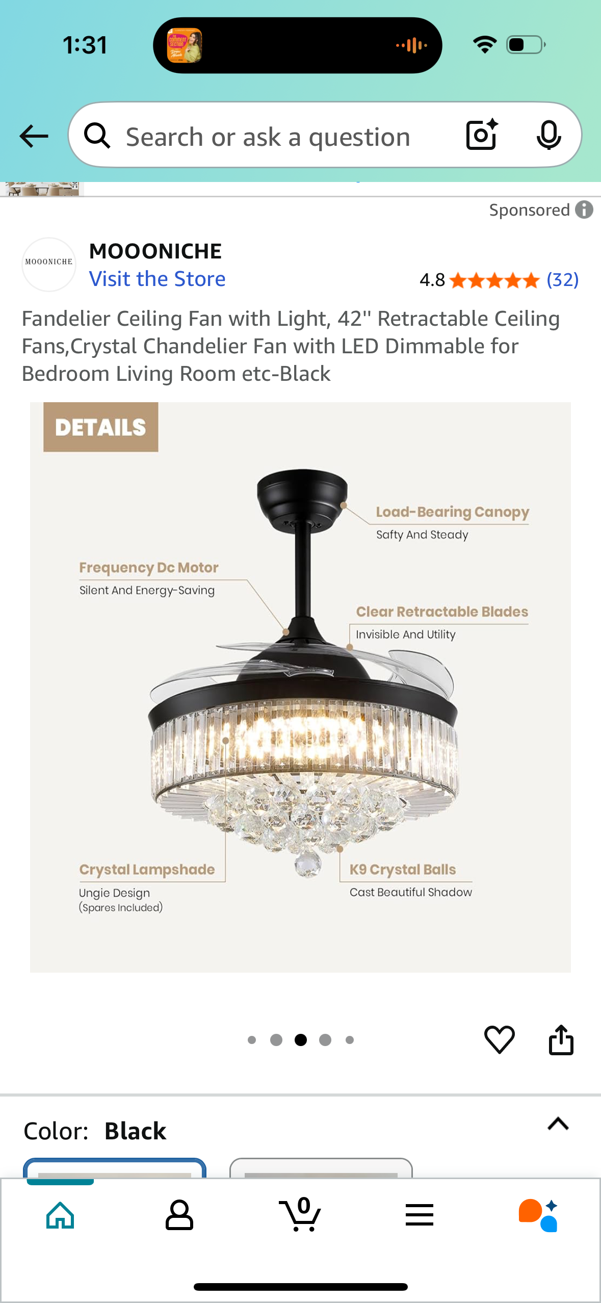 Fandelier Ceiling Fan with Light, 42'' Retractable Ceiling Fans,Crystal Chandelier Fan with LED Dimmable for Bedroom Living Room etc-Black