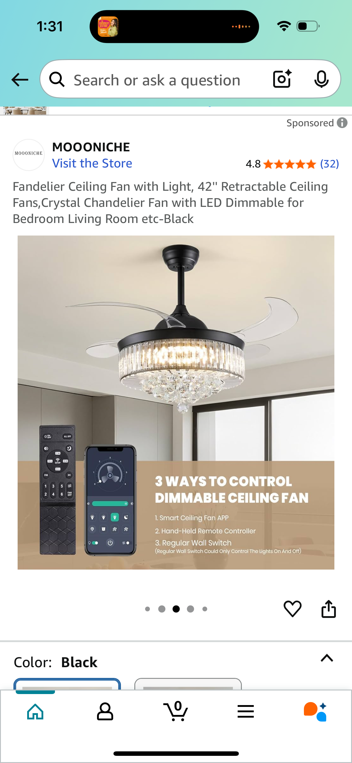 Fandelier Ceiling Fan with Light, 42'' Retractable Ceiling Fans,Crystal Chandelier Fan with LED Dimmable for Bedroom Living Room etc-Black