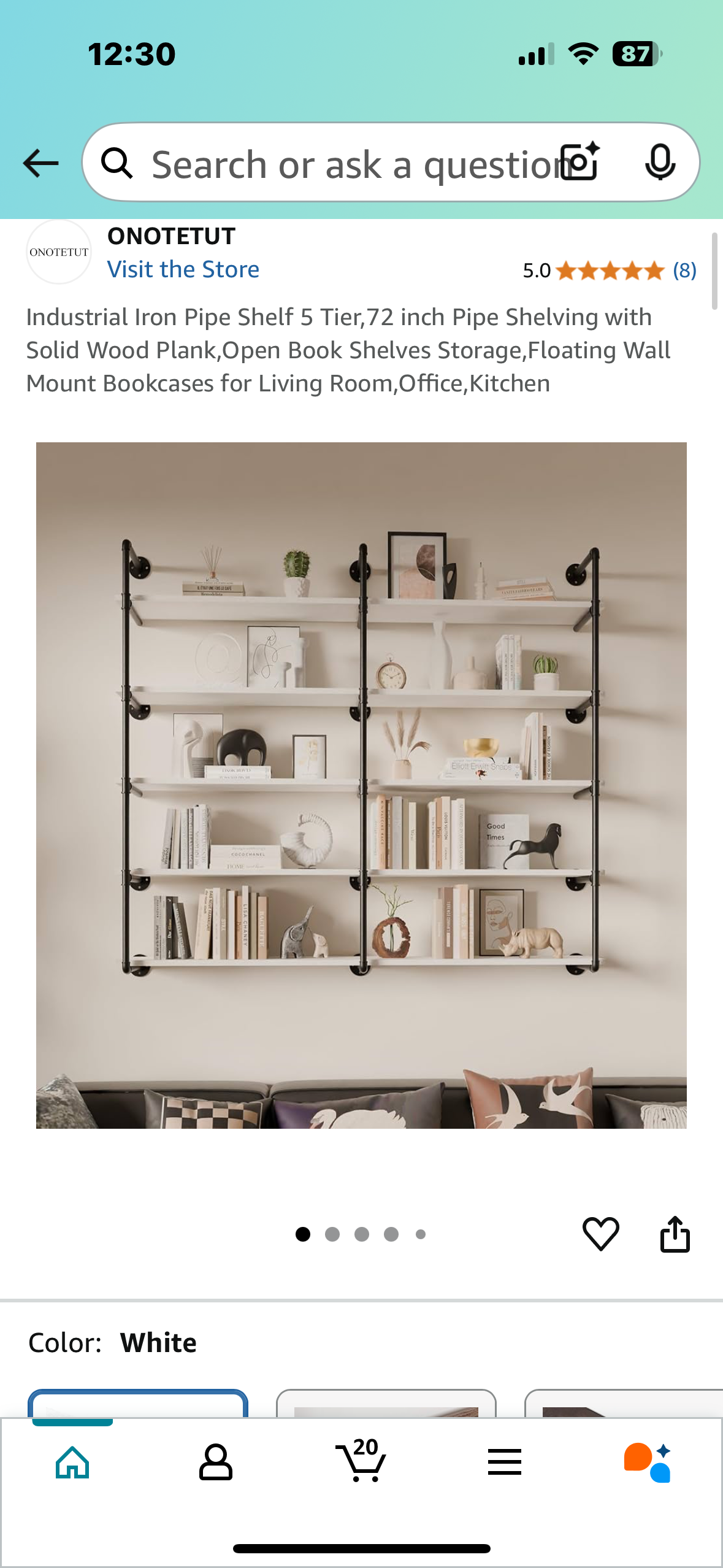 New - Industrial 5 Tier, 72” Iron Pipe Shelving with Solid Wood Planks, White Shelves (L878)