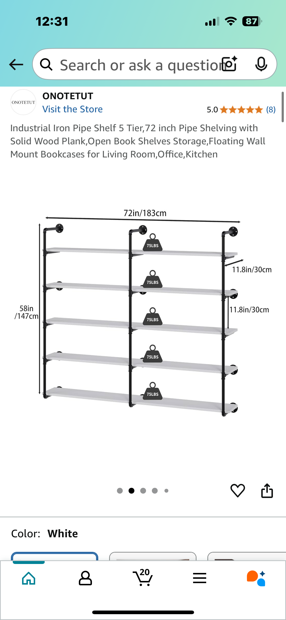 New - Industrial 5 Tier, 72” Iron Pipe Shelving with Solid Wood Planks, White Shelves (L878)