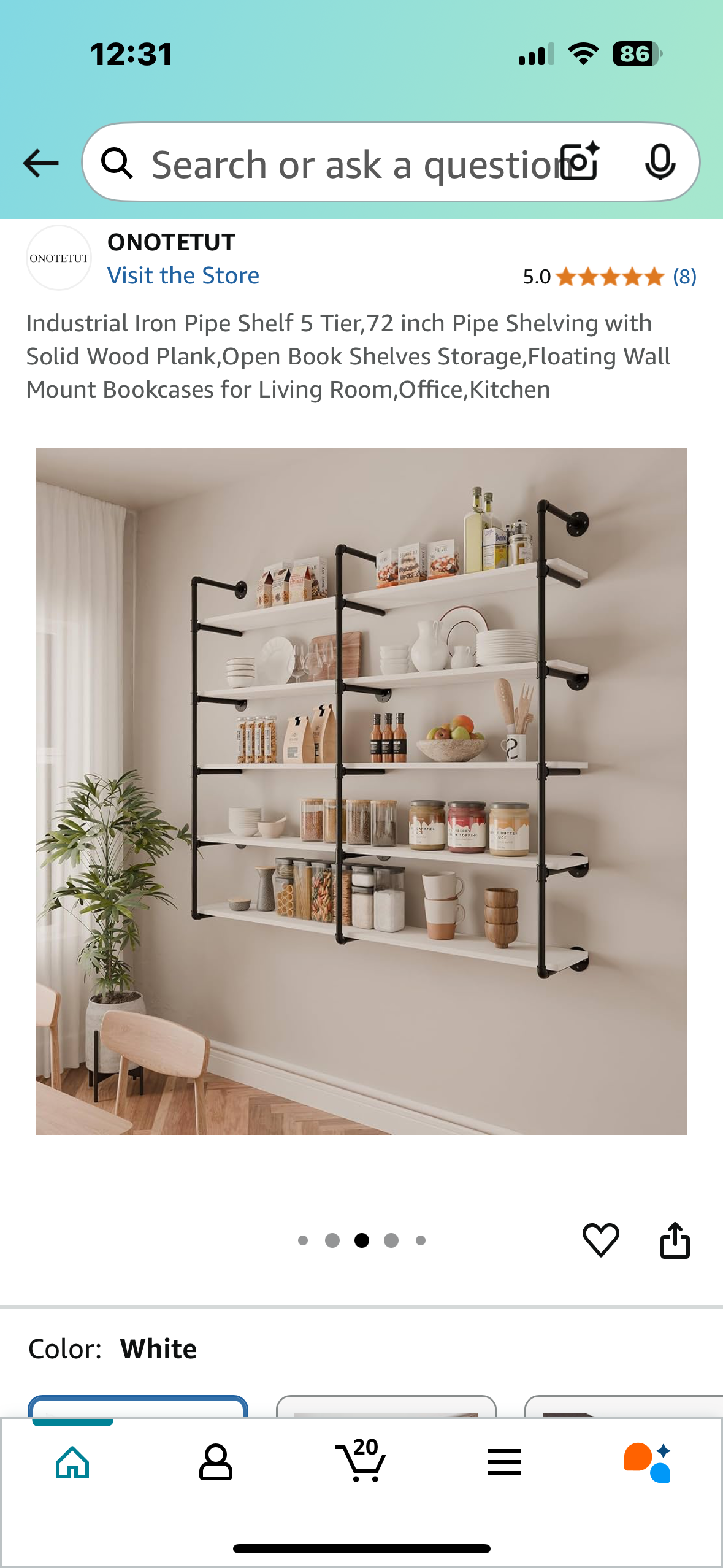 New - Industrial 5 Tier, 72” Iron Pipe Shelving with Solid Wood Planks, White Shelves (L878)