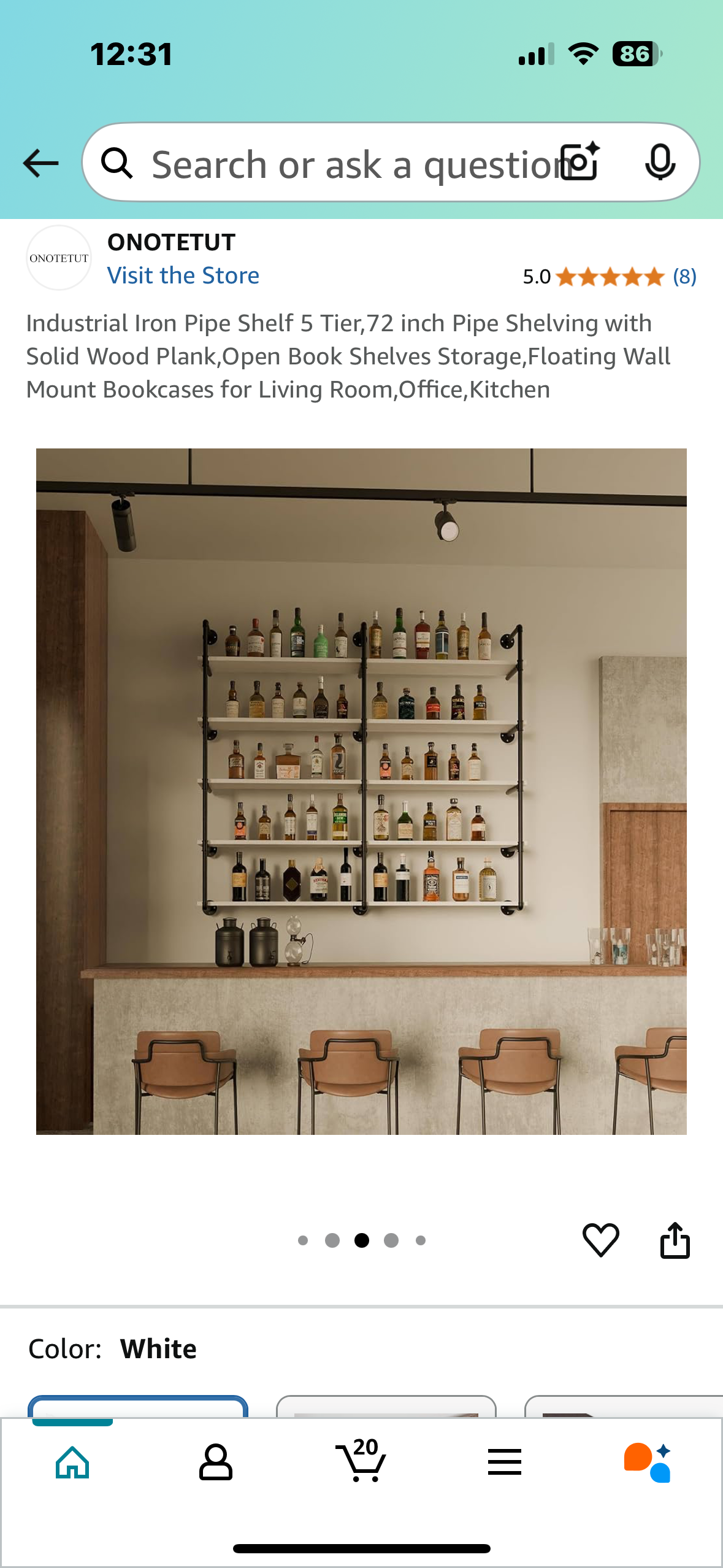 New - Industrial 5 Tier, 72” Iron Pipe Shelving with Solid Wood Planks, White Shelves (L878)