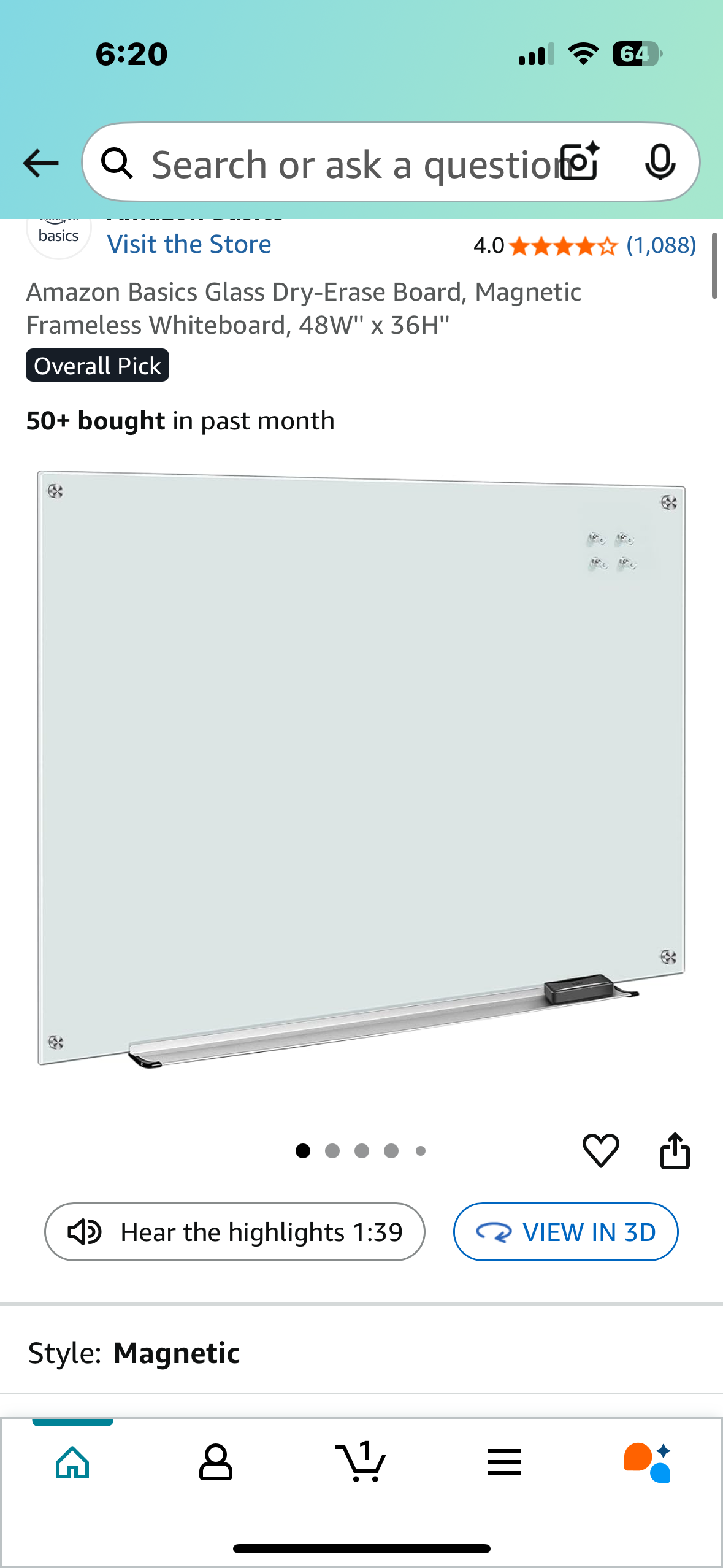 Amazon Basics Glass Dry-Erase Board, Magnetic Frameless Whiteboard, 48W'' x 36H'' (O439)