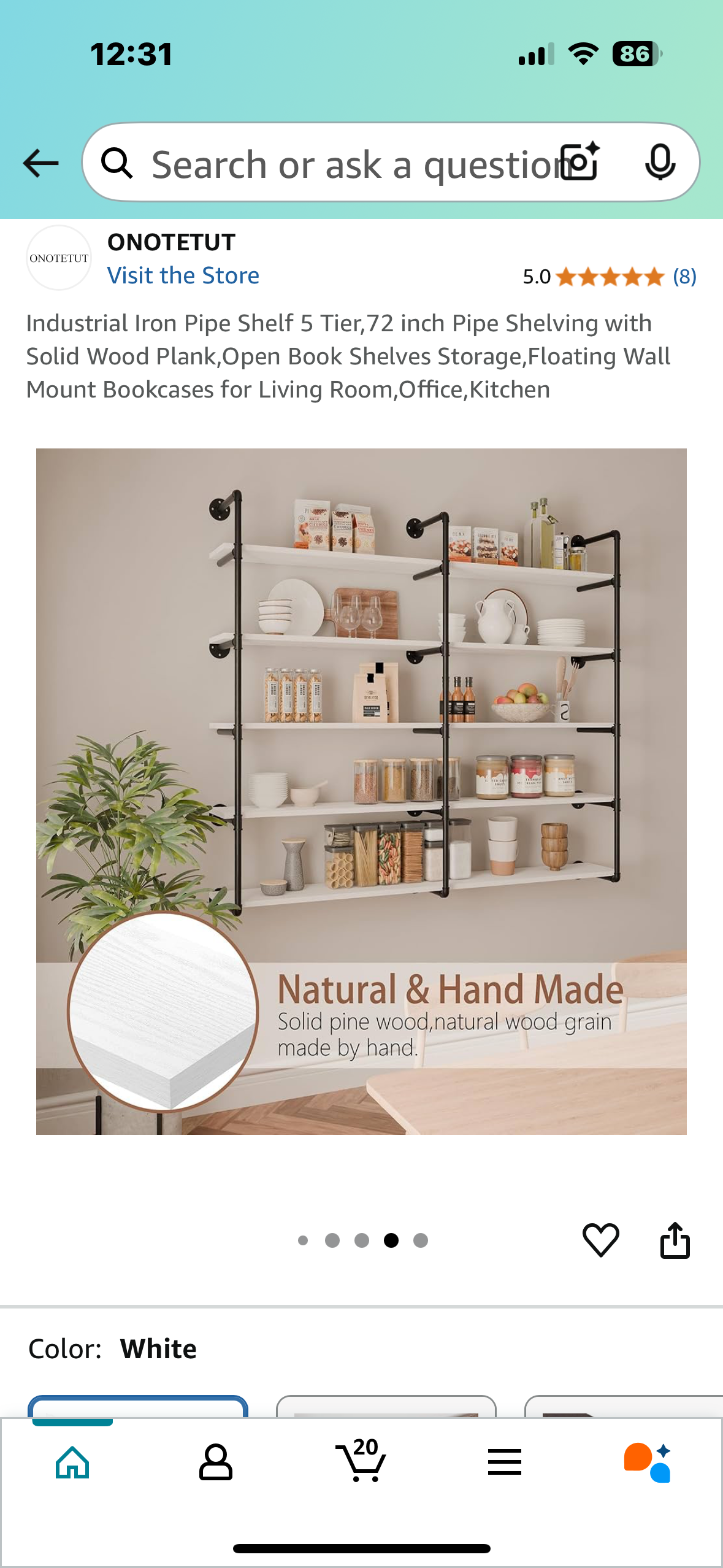 New - Industrial 5 Tier, 72” Iron Pipe Shelving with Solid Wood Planks, White Shelves (L878)