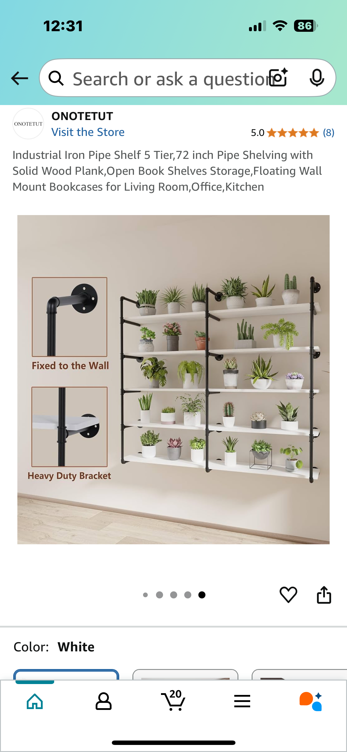 New - Industrial 5 Tier, 72” Iron Pipe Shelving with Solid Wood Planks, White Shelves (L878)