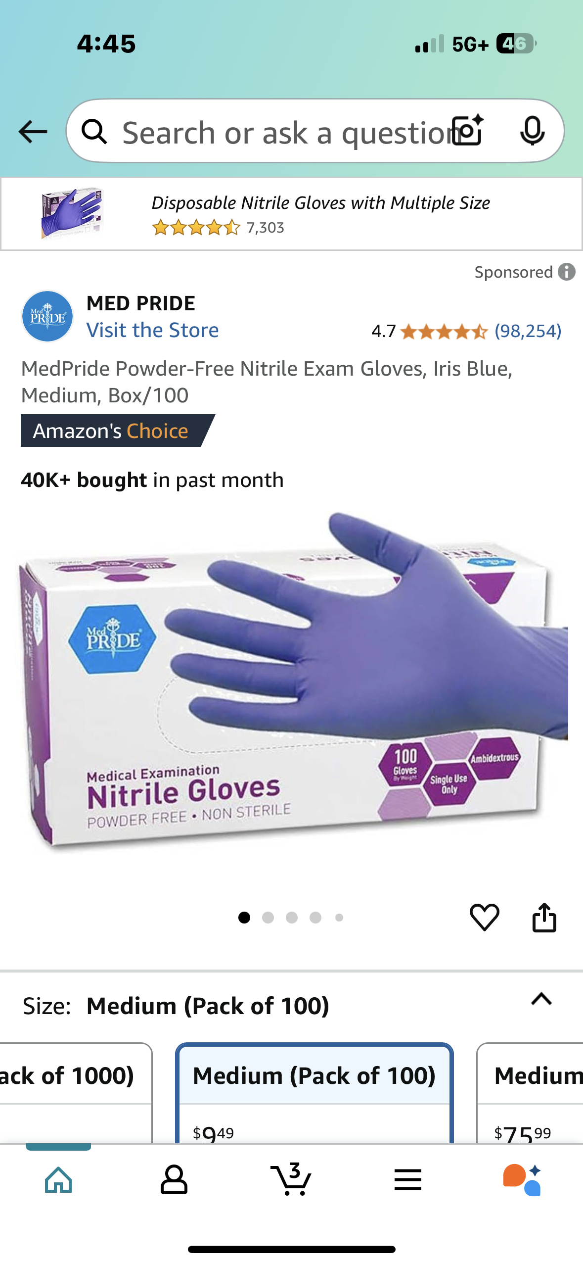 MedPride Powder-Free Nitrile Exam Gloves, Iris Blue, Medium, Box/100