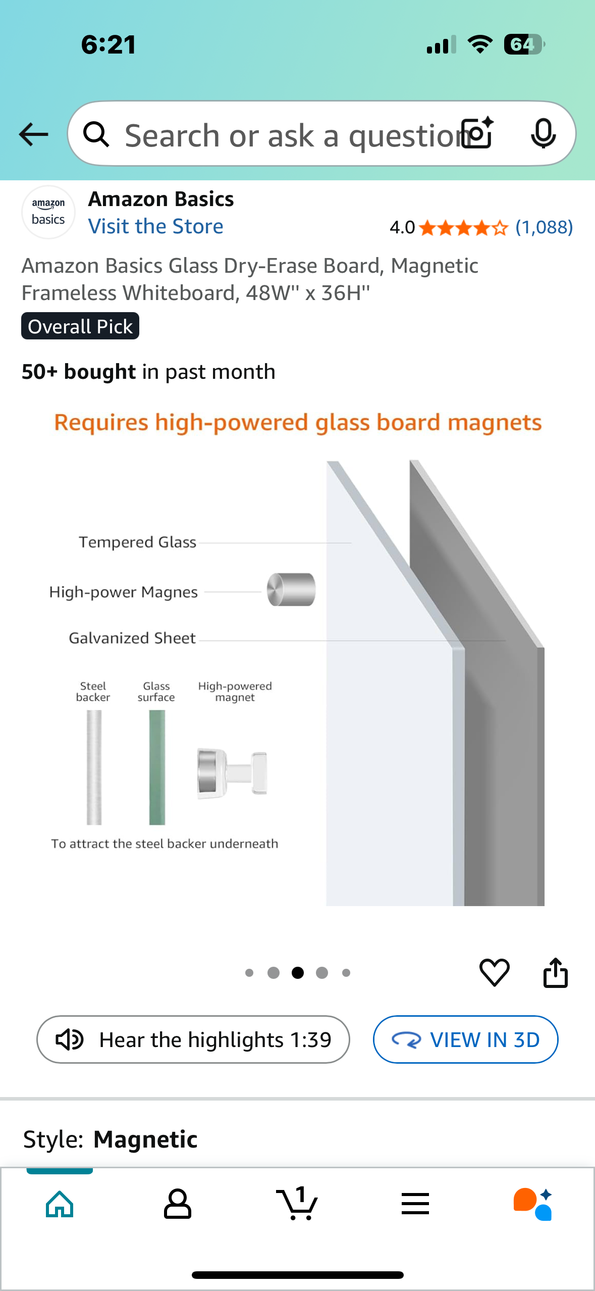 Amazon Basics Glass Dry-Erase Board, Magnetic Frameless Whiteboard, 48W'' x 36H'' (O439)