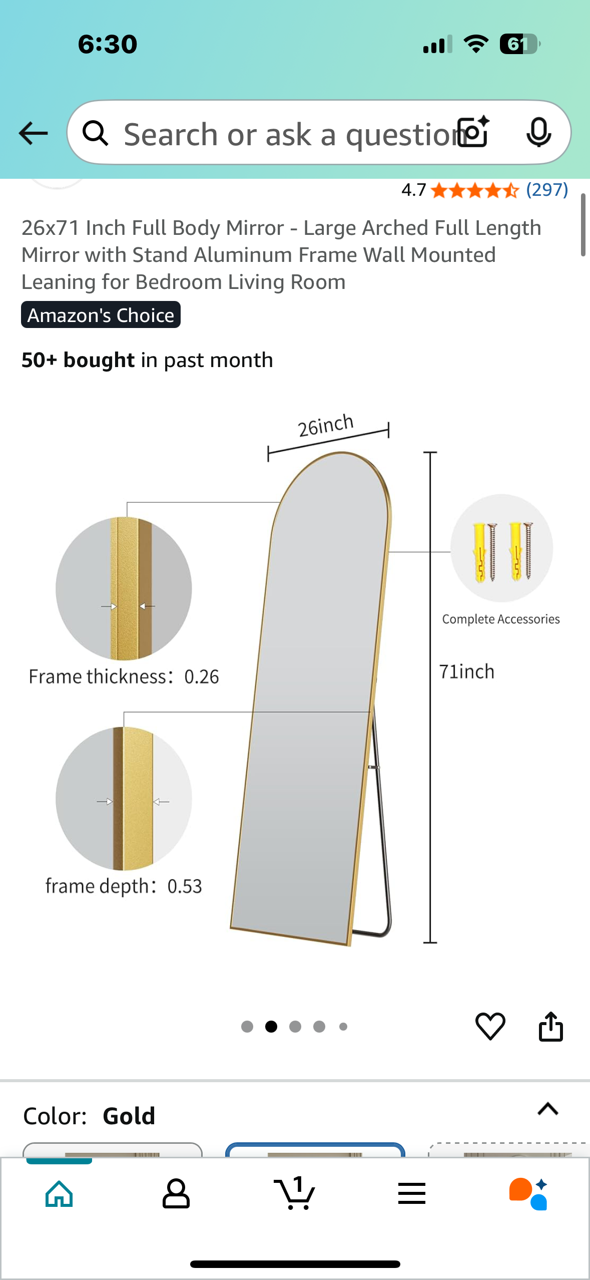 26”x 71” Full Length Mirror - Large Gold Arched Full Length Mirror with Stand, Aluminum Frame, for Bedroom, Living Room, Entryway (M384)