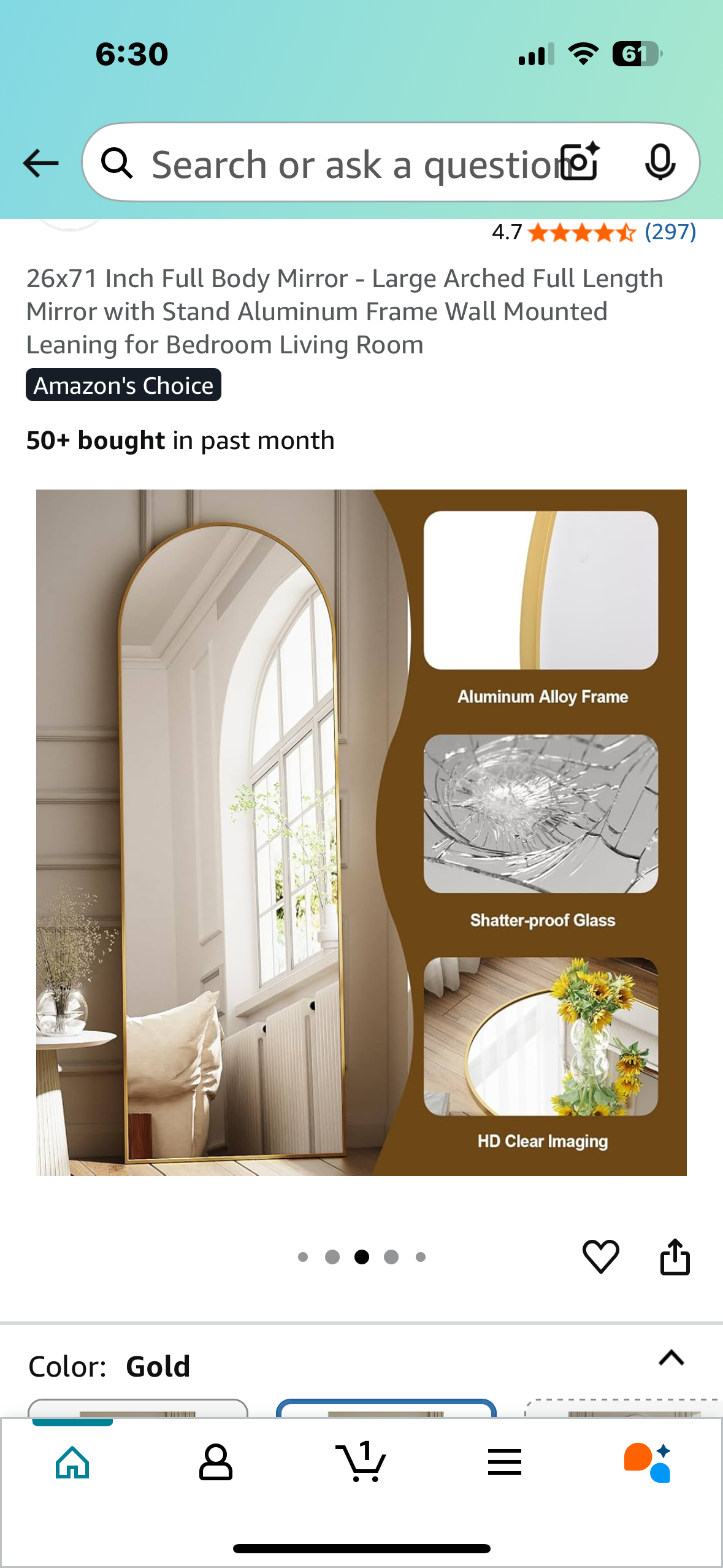 26”x 71” Full Length Mirror - Large Gold Arched Full Length Mirror with Stand, Aluminum Frame, for Bedroom, Living Room, Entryway (M384)