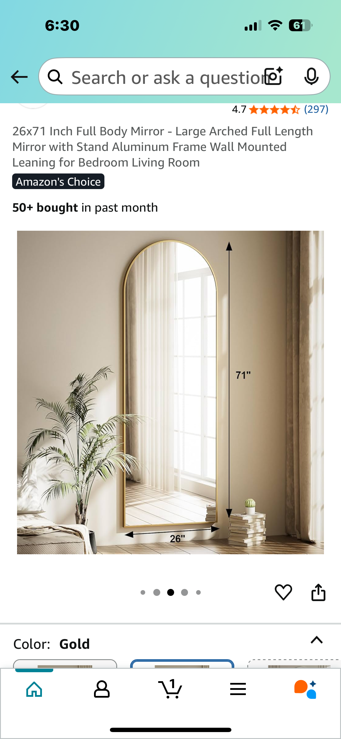 26”x 71” Full Length Mirror - Large Gold Arched Full Length Mirror with Stand, Aluminum Frame, for Bedroom, Living Room, Entryway (M384)