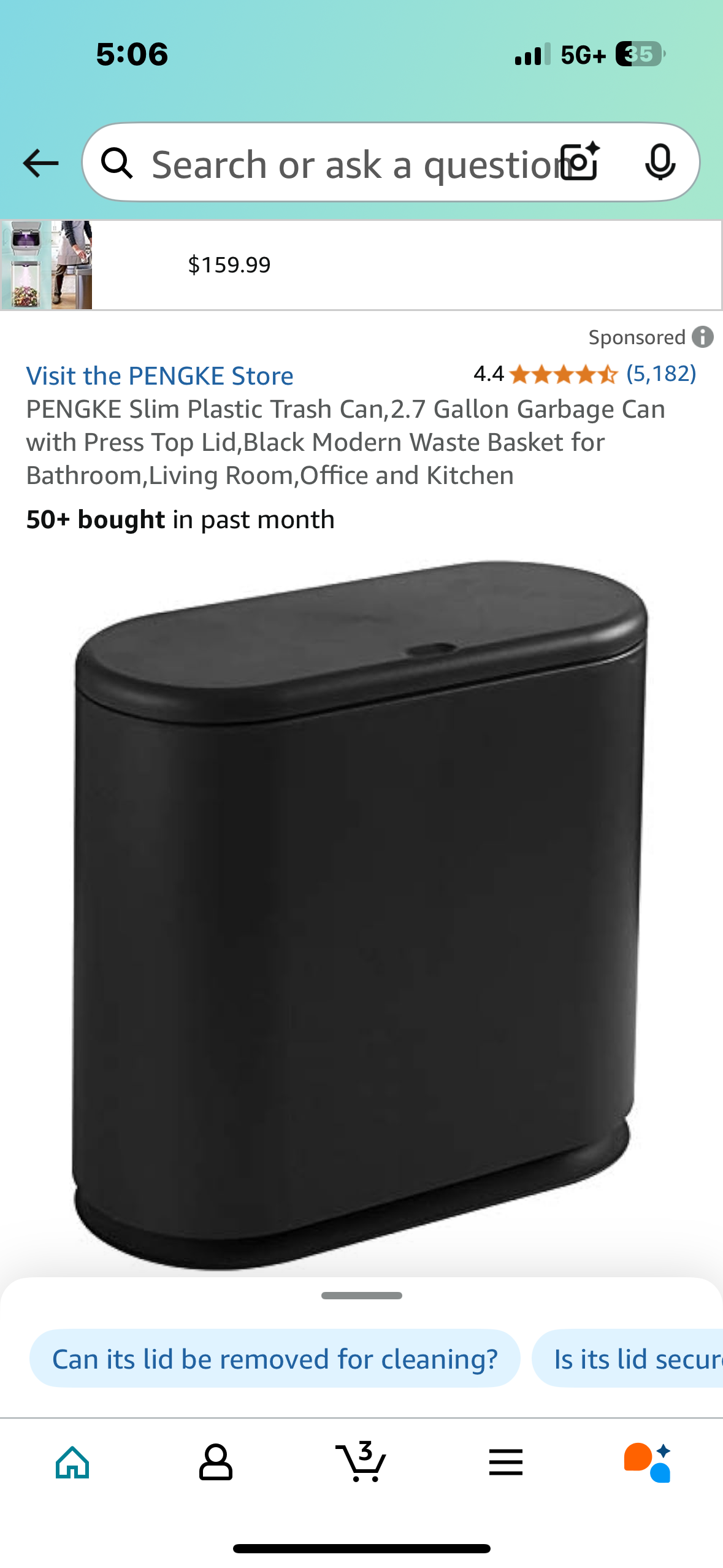 Slim Plastic Trash Can,2.7 Gallon Garbage Can with Press Top Lid,Black Modern Waste Basket for Bathroom,Living Room,Office and Kitchen