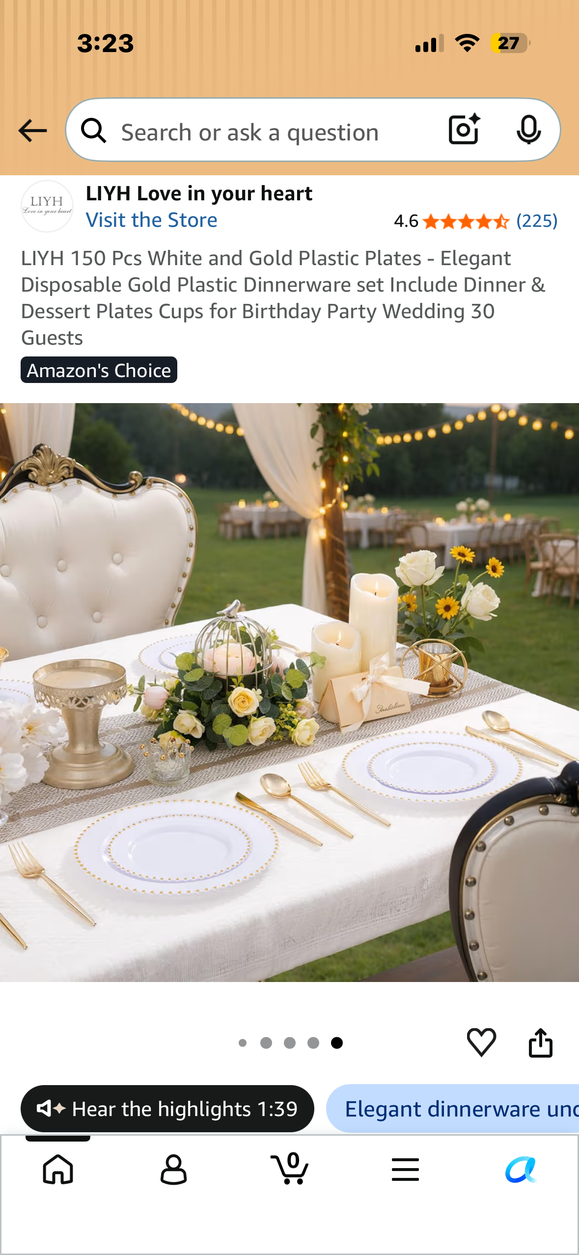 LIYH 150 Pcs White and Gold Plastic Plates - Elegant Disposable Gold Plastic Dinnerware set Include Dinner & Dessert Plates Cups for Birthday Party Wedding 30 Guests