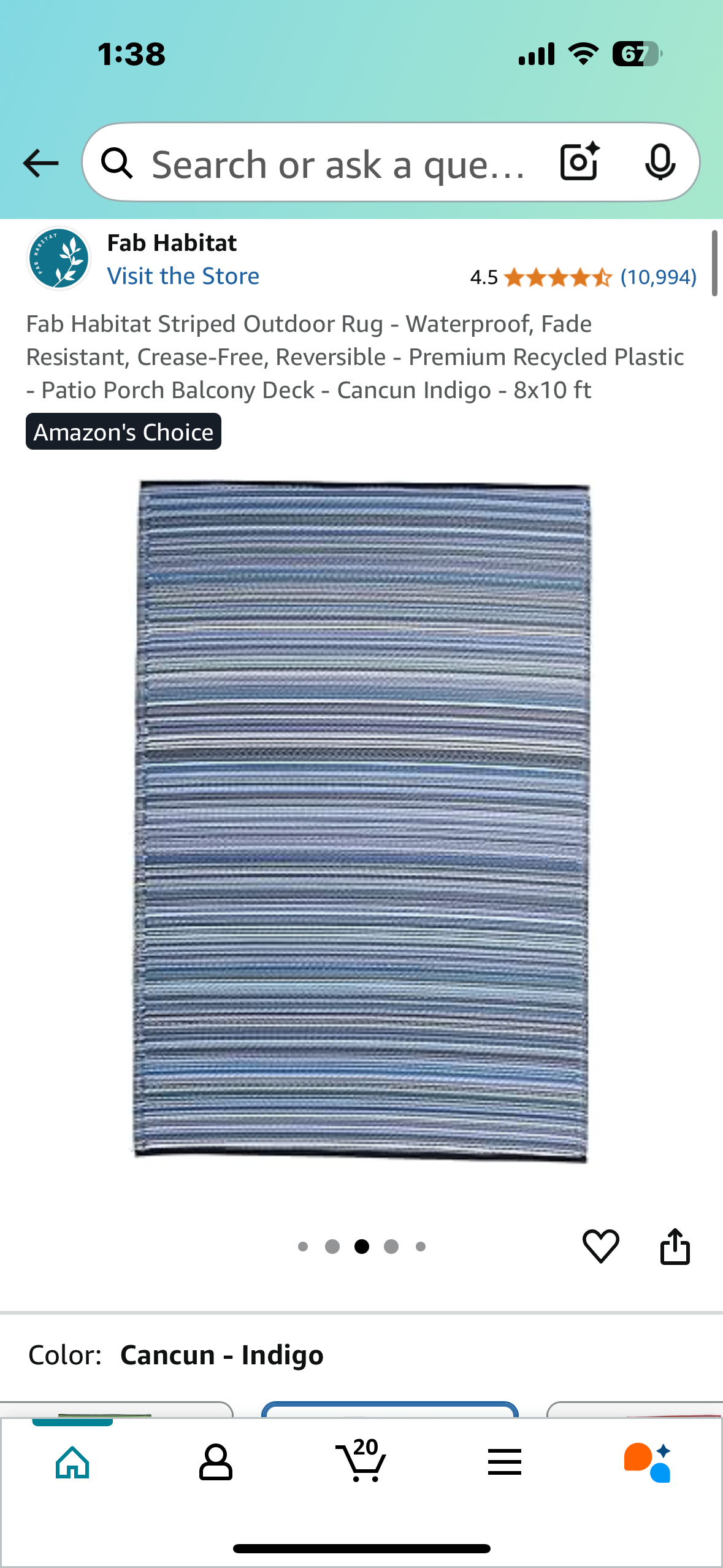 New - Fab Habitat Striped Outdoor Rug 8’x10’ Waterproof, Fade Resistant, Crease-Free, Reversible - Premium Recycled Plastic-Cancun Indigo (L880)