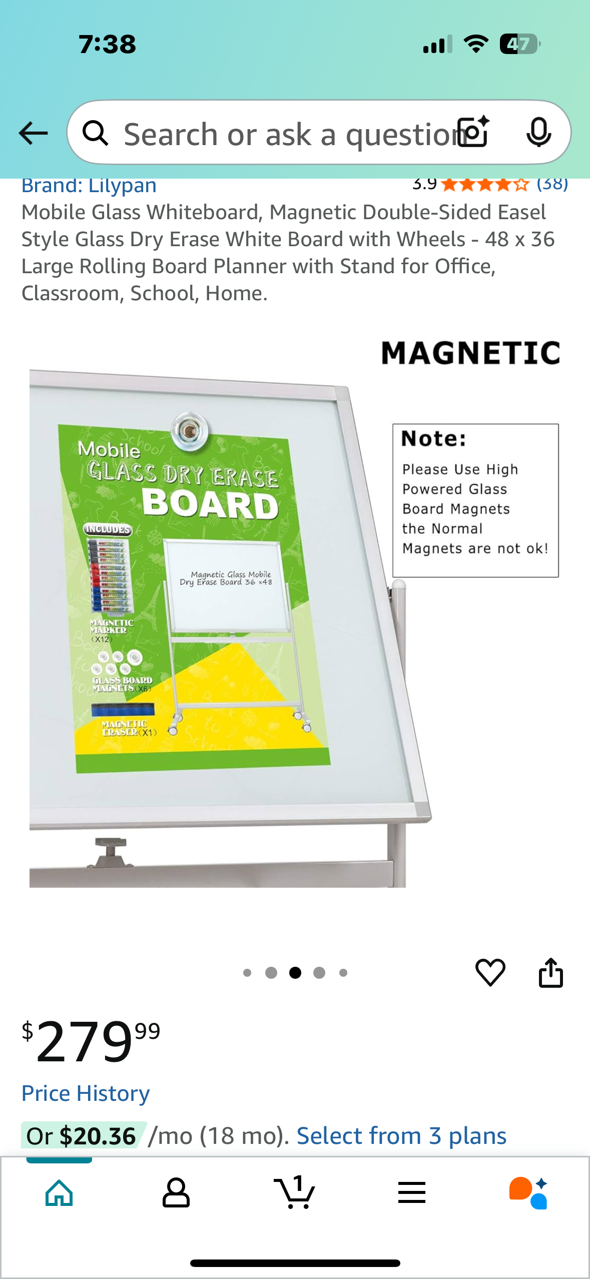 48”x 36” Large Rolling Mobile Glass Whiteboard, Magnetic Double-Sided Easel Style Glass Dry Erase White Board with Wheels, for Office, Classroom, School, Home (O440)