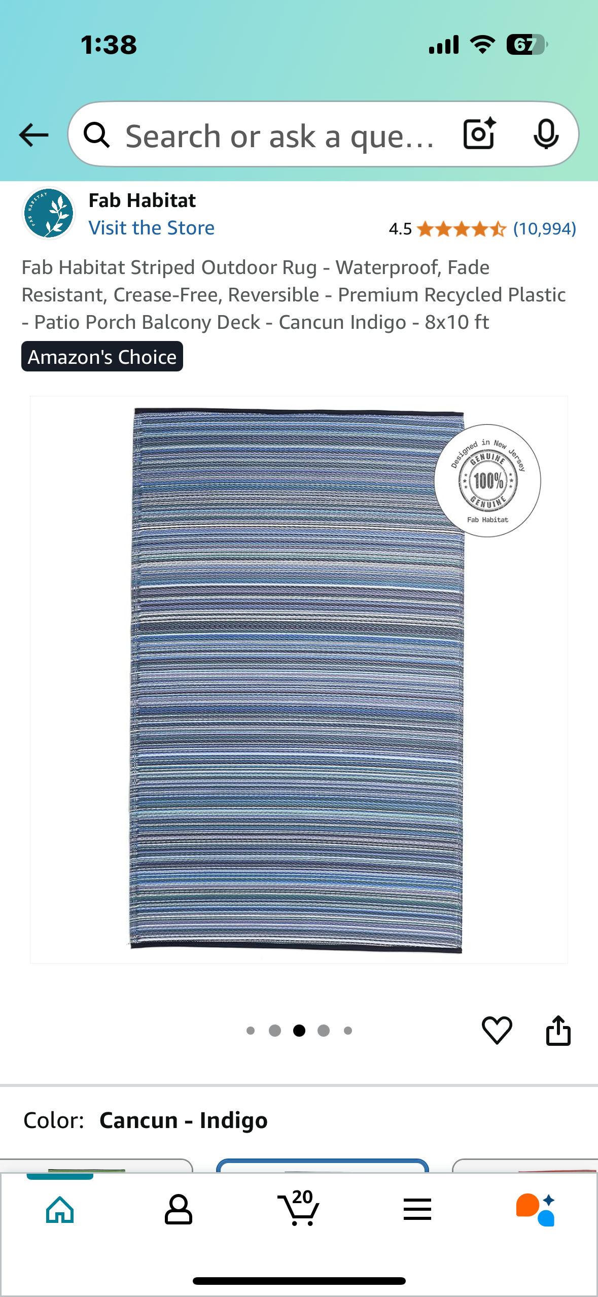 New - Fab Habitat Striped Outdoor Rug 8’x10’ Waterproof, Fade Resistant, Crease-Free, Reversible - Premium Recycled Plastic-Cancun Indigo (L880)